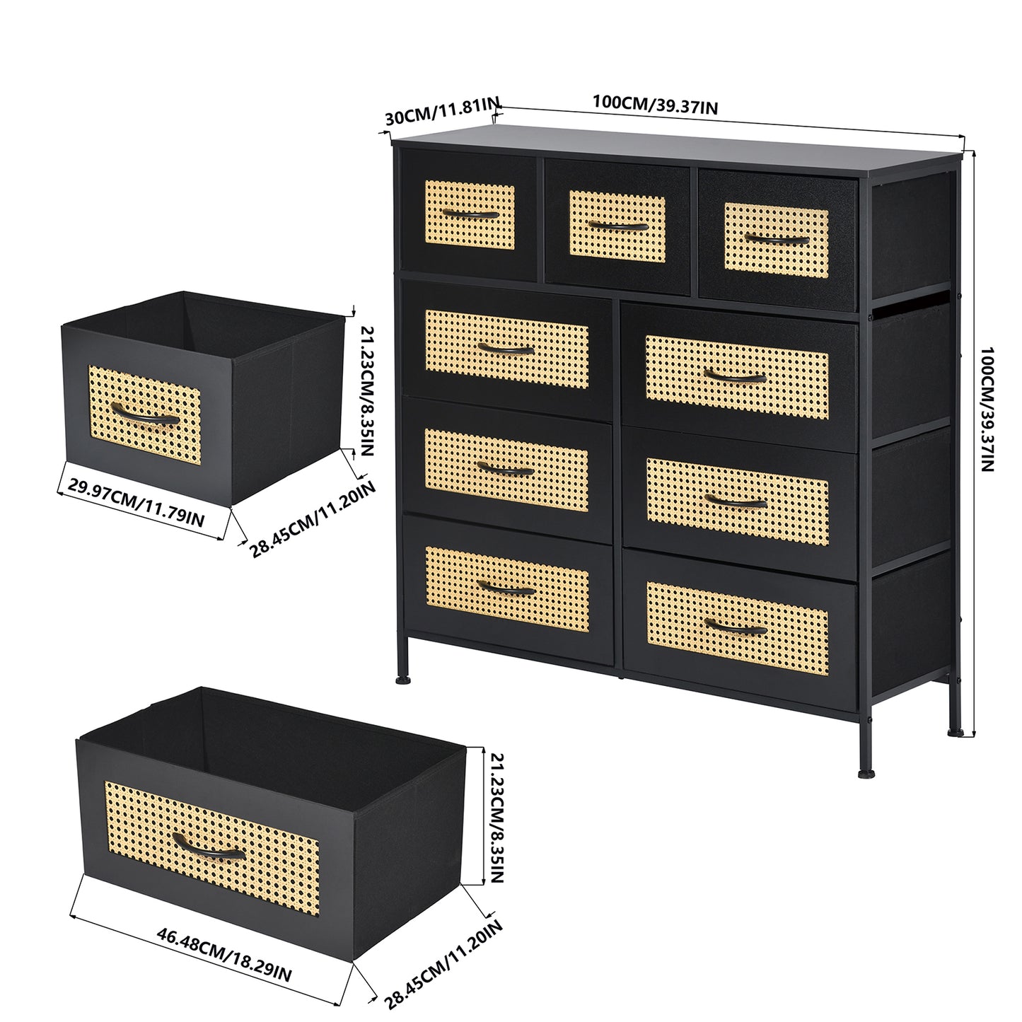 Buffet industriel 9 tiroirs, buffet 9 tiroirs en tissu non tissé, meuble de rangement pour salon, cuisine, salle à manger,100 x 30 x 100 cm--Noir