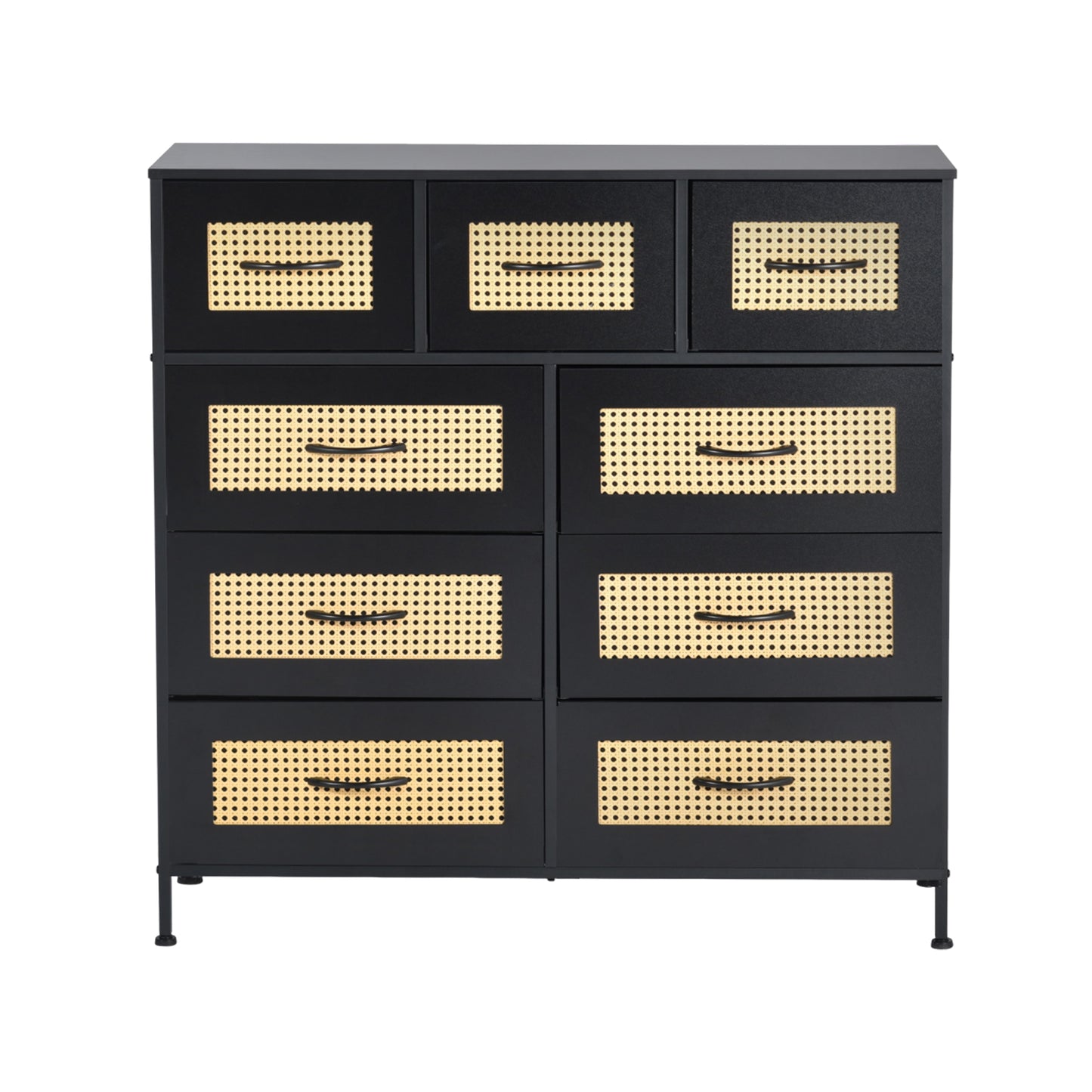 Buffet industriel 9 tiroirs, buffet 9 tiroirs en tissu non tissé, meuble de rangement pour salon, cuisine, salle à manger,100 x 30 x 100 cm--Noir