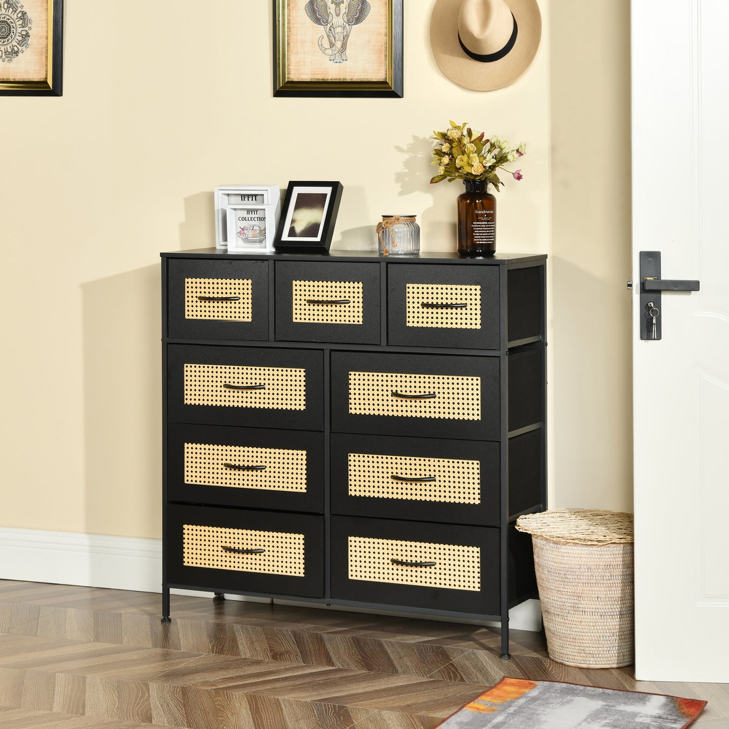 Buffet industriel 9 tiroirs en tissu non tissé, meuble de rangement pour salon, cuisine, salle à manger, 100 x 30 x 100 cm, noir