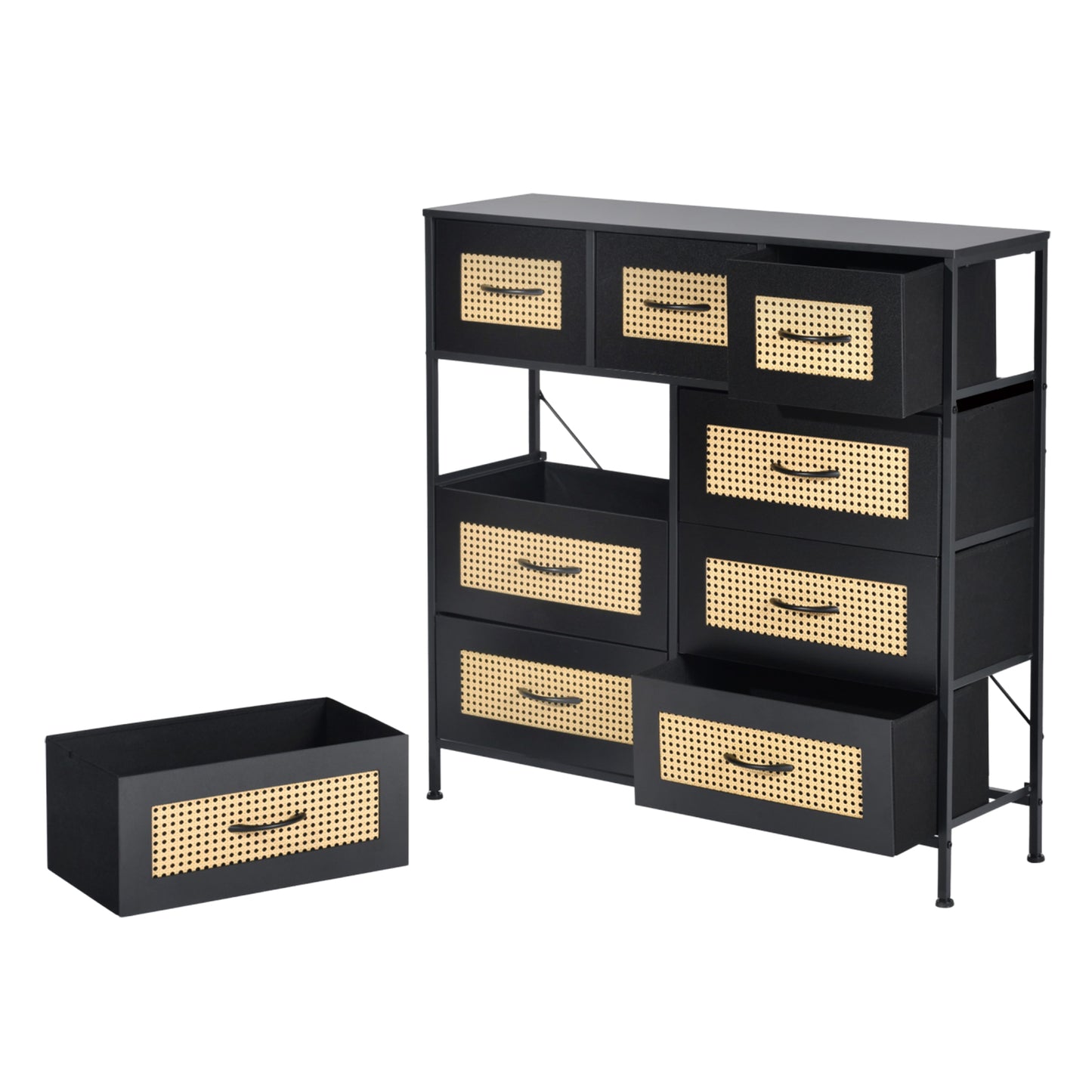 Buffet industriel 9 tiroirs, buffet 9 tiroirs en tissu non tissé, meuble de rangement pour salon, cuisine, salle à manger,100 x 30 x 100 cm--Noir