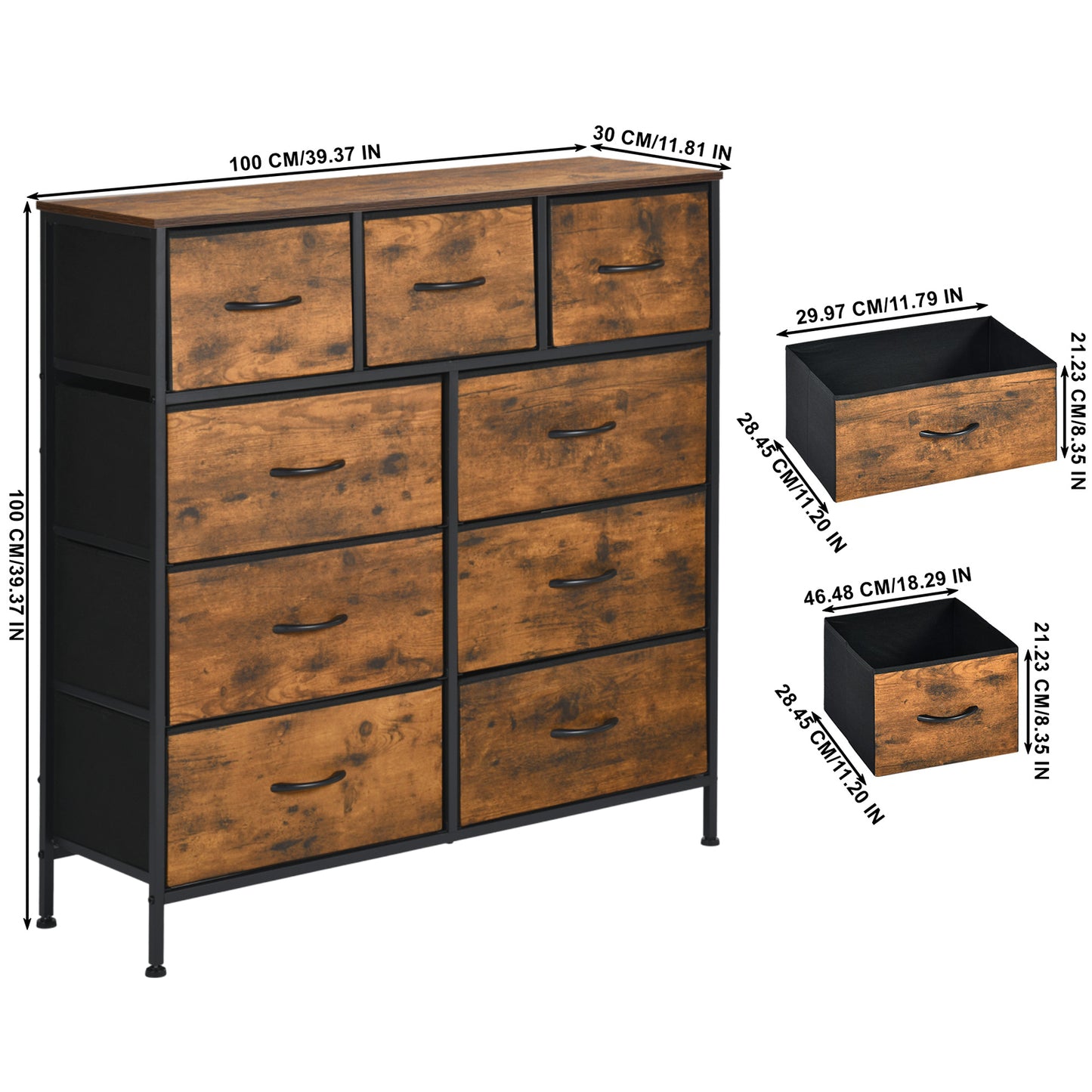 Buffet industriel 9 tiroirs, buffet 9 tiroirs en tissu non tissé, meuble de rangement pour salon, cuisine, salle à manger, 100 x 30 x 100 cm--Marron