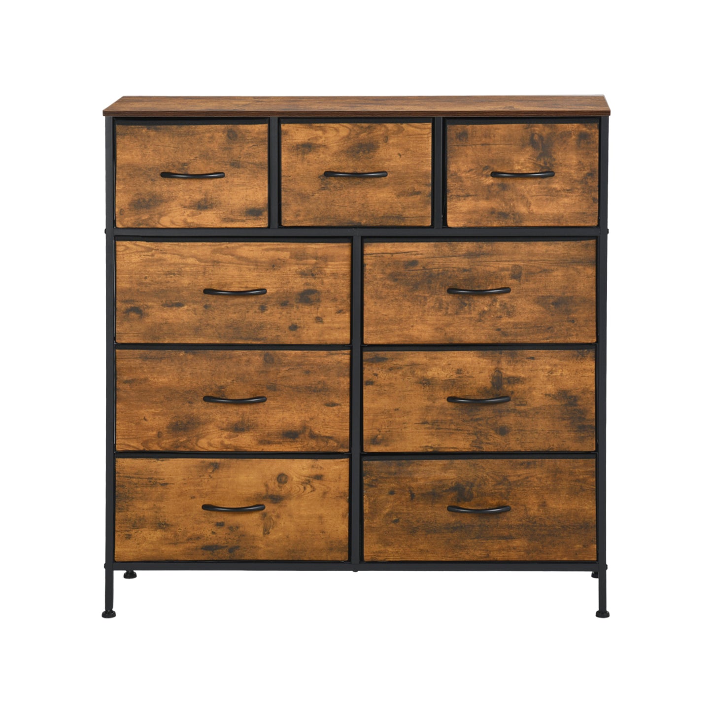 Buffet industriel 9 tiroirs, buffet 9 tiroirs en tissu non tissé, meuble de rangement pour salon, cuisine, salle à manger, 100 x 30 x 100 cm--Marron