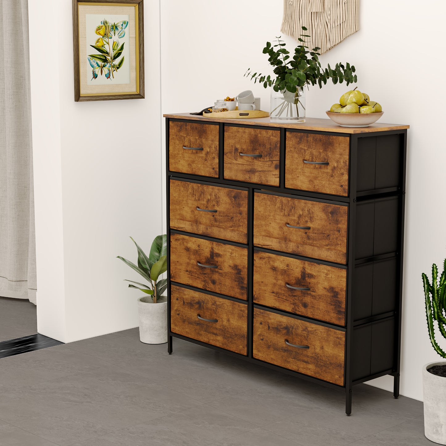 Buffet industriel 9 tiroirs en tissu non tissé, meuble de rangement pour salon, cuisine, salle à manger, 100 x 30 x 100 cm, marron