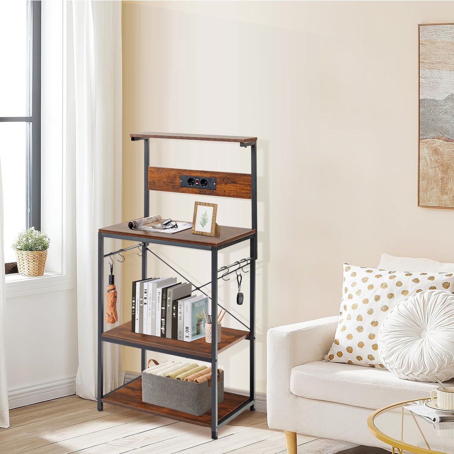 Bibliothèque indépendante de rangement, 4 Niveaux, Cadre en Acier Stable, avec 1 prise, 60 x 42 x 129 cm - Marron