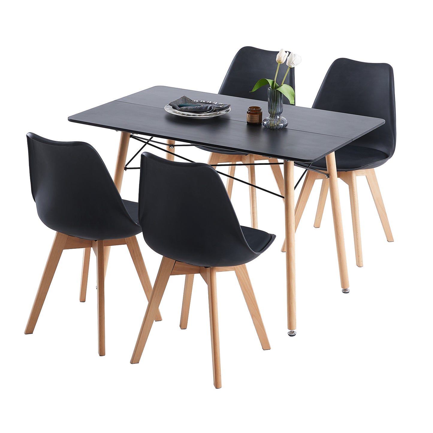 Ensemble de Table et Chaises - Table Noire et 4 Chaises Noires au Design Scandinave