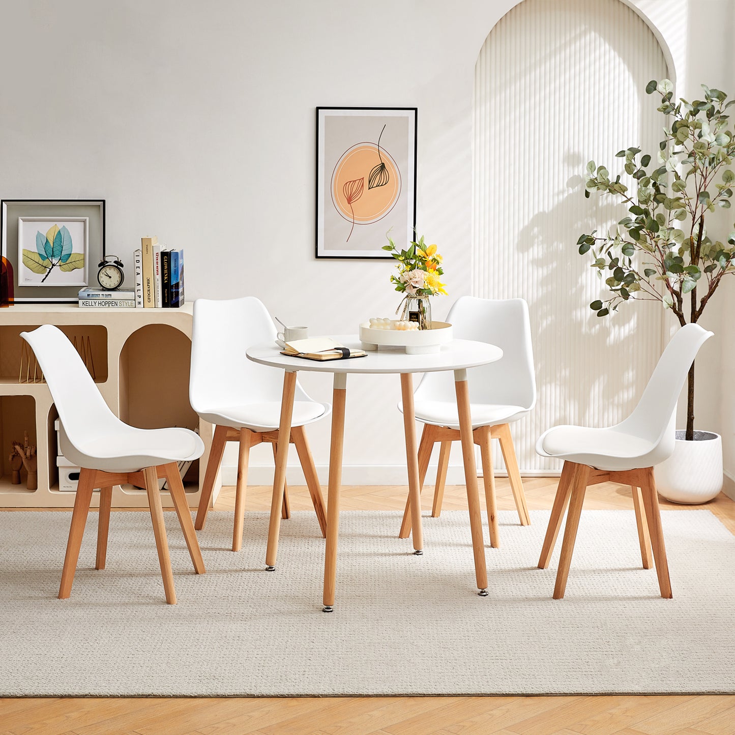 Table à Manger Ronde Moderne Laquée Blanc Mat pour 2 à 4 Personnes - Pieds en Hêtre - 80 x 80 x 73 cm