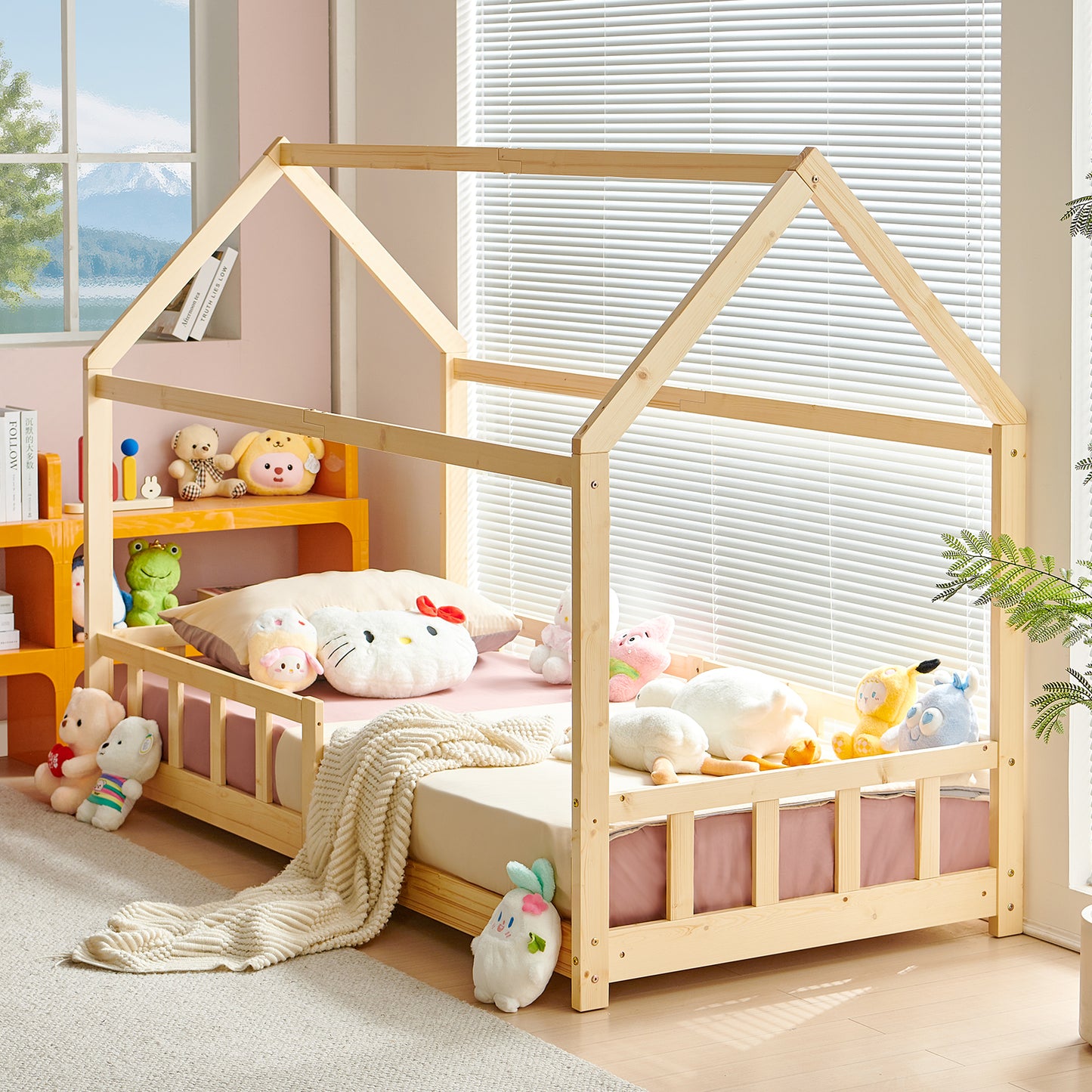 Lit Cabane Enfant, Bois Naturel- 90 x 200 cm - Couleur bois
