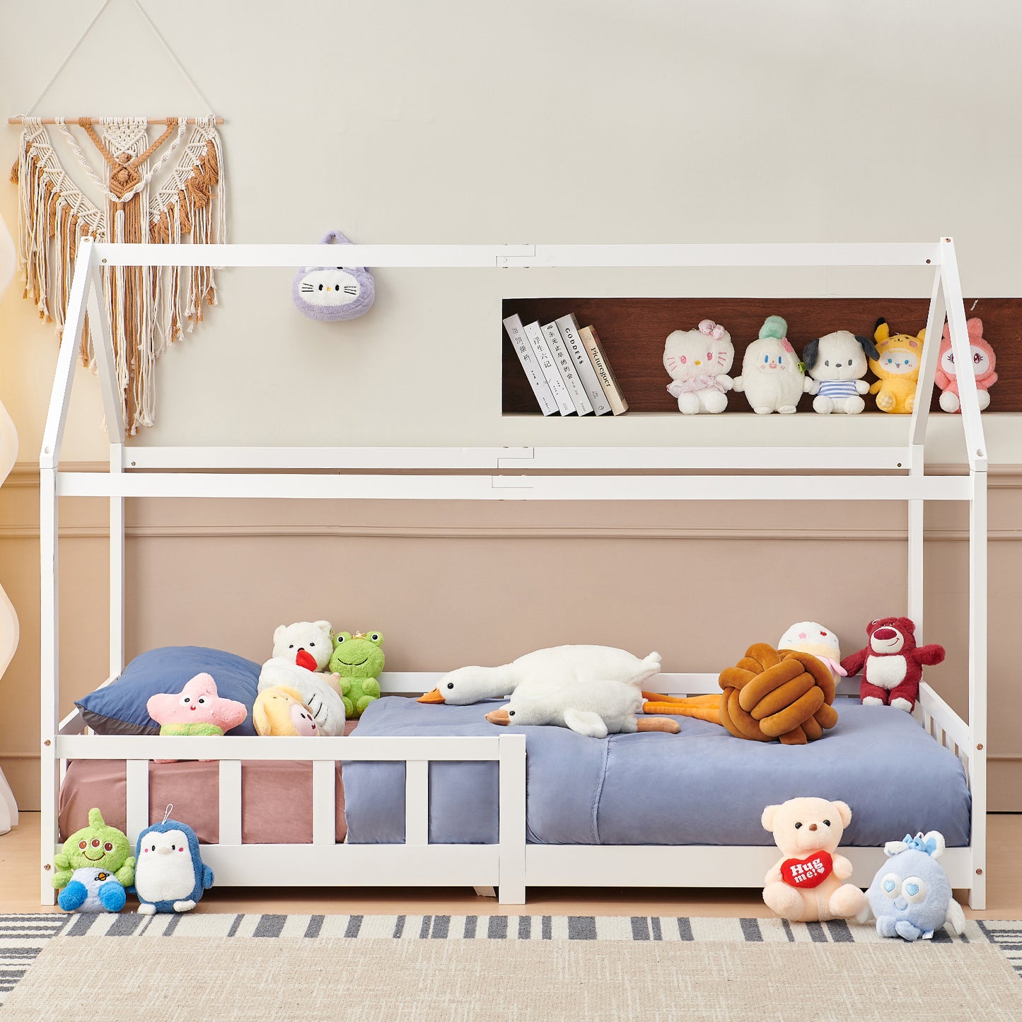 Lit Cabane Enfant, Bois Naturel- 90 x 200 cm - Blanc