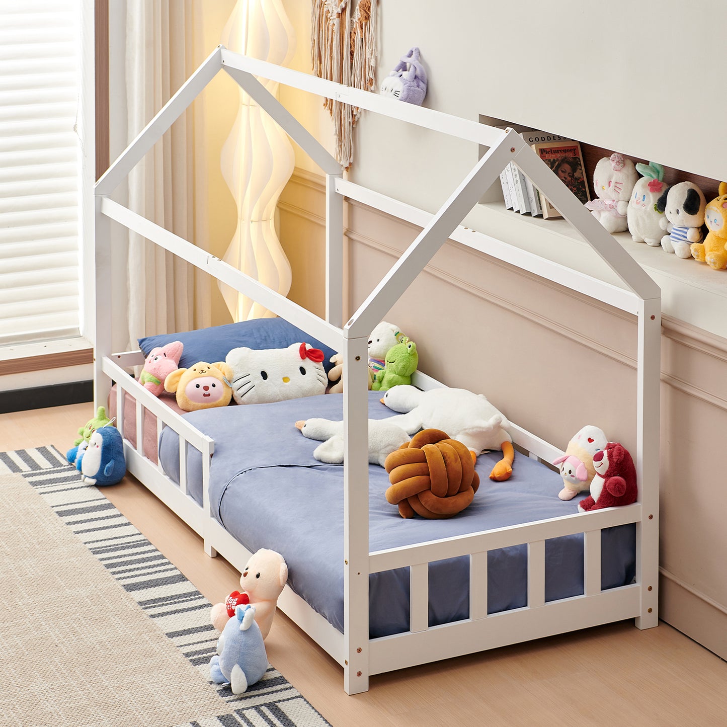 Lit Cabane Enfant, Bois Naturel- 90 x 200 cm - Blanc