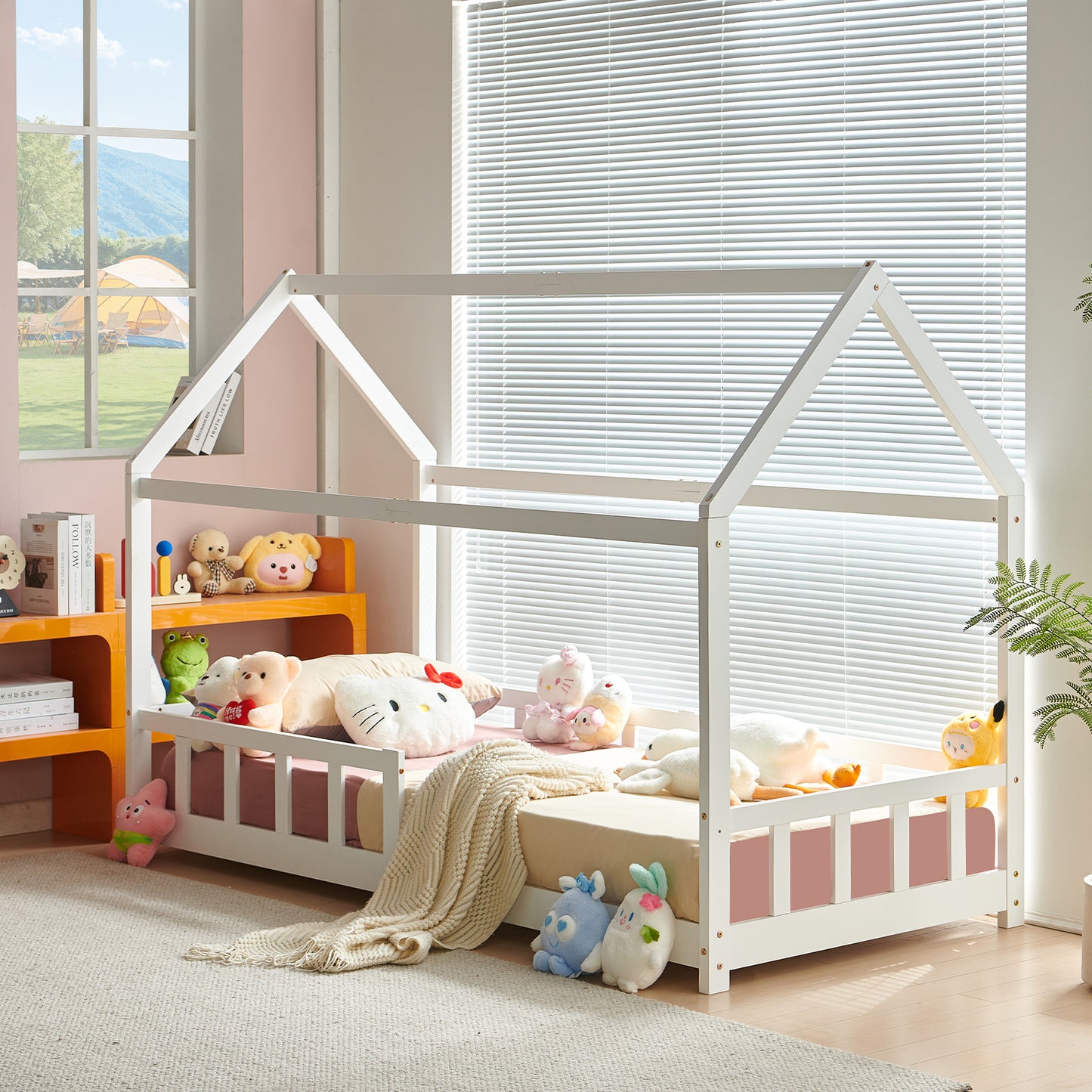 Lit Cabane Enfant, Bois Naturel- 90 x 200 cm - Blanc