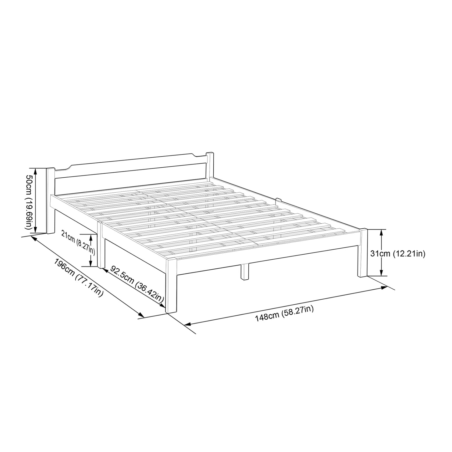 Structure de Lit Double en Bois avec Sommier - 140x190 cm - Style Scandinave