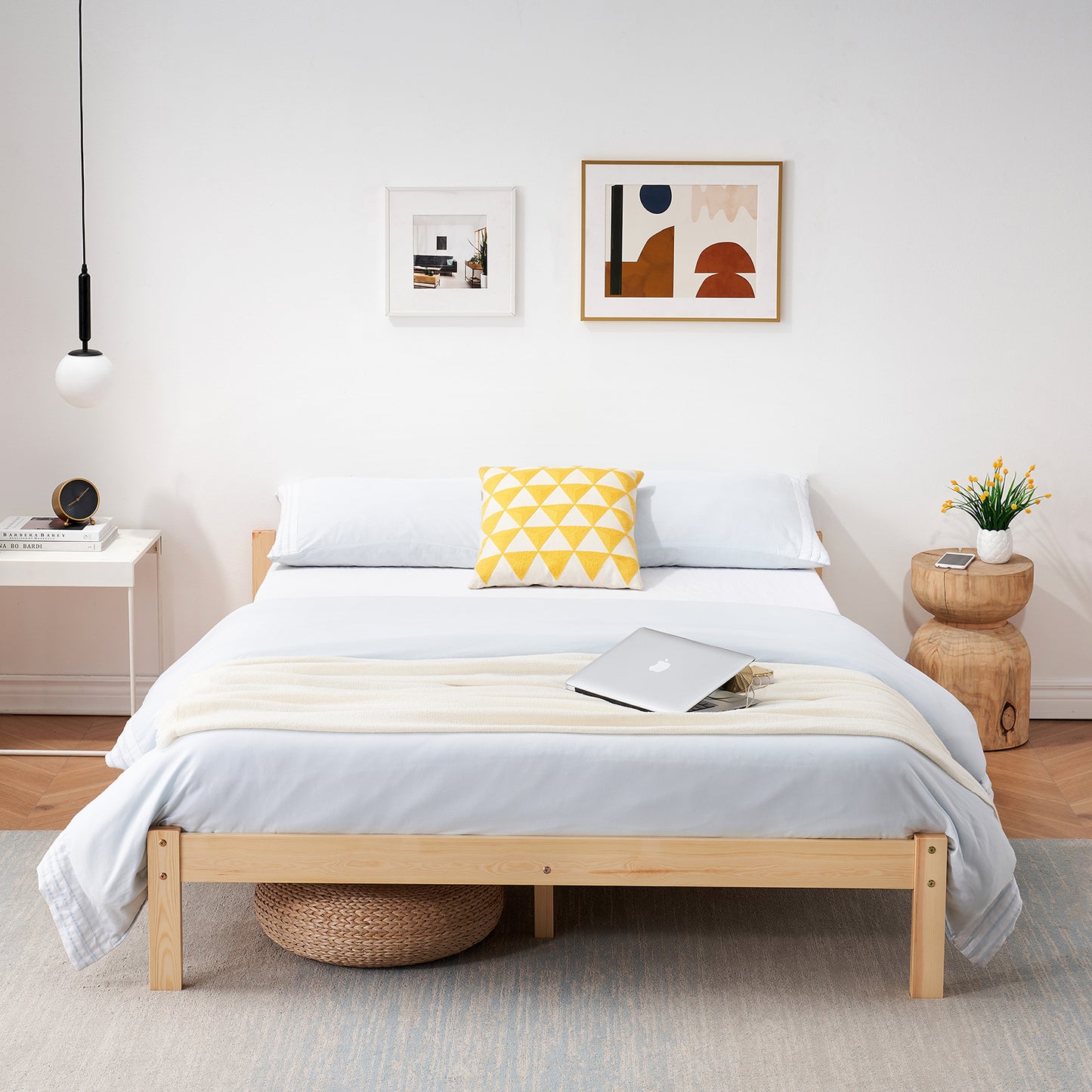 Structure de Lit Double en Bois avec Sommier - 140x190 cm - Style Scandinave