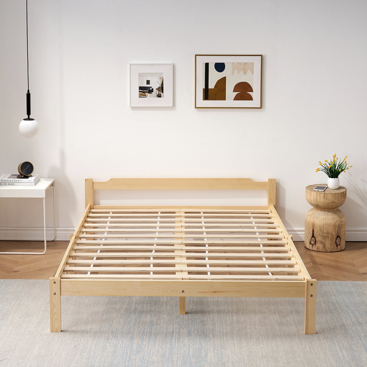 Structure de Lit Double en Bois avec Sommier - 140x190 cm - Style Scandinave