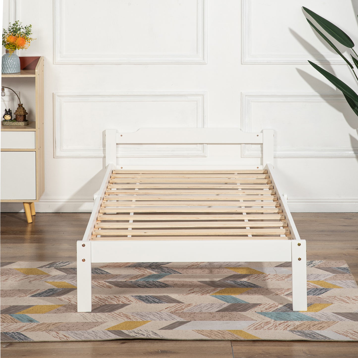 Structure de Lit Simple en Bois avec Sommier - 90x190 cm - Style Scandinave - Blanc