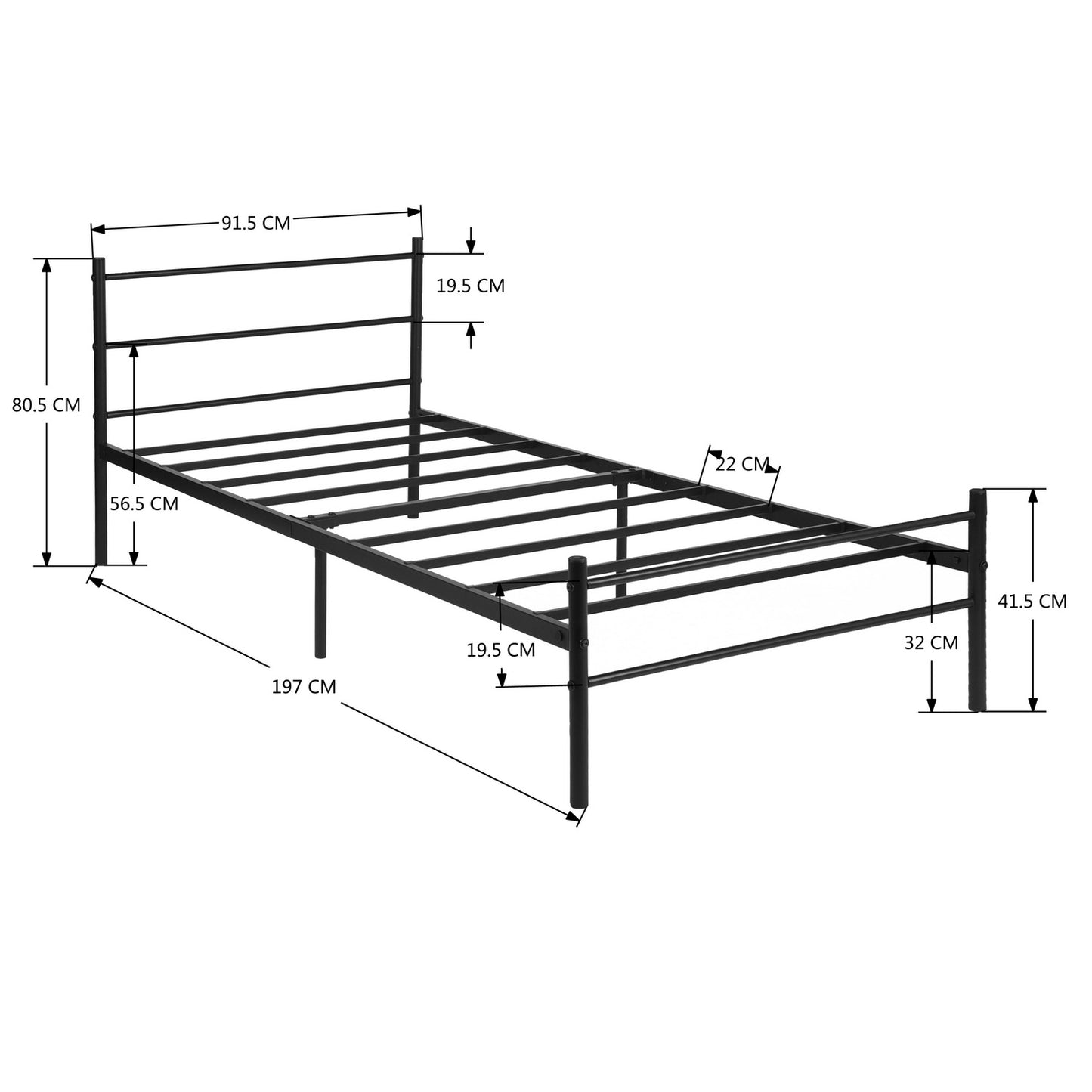 Lit simple en métal 90x190cm - Noir