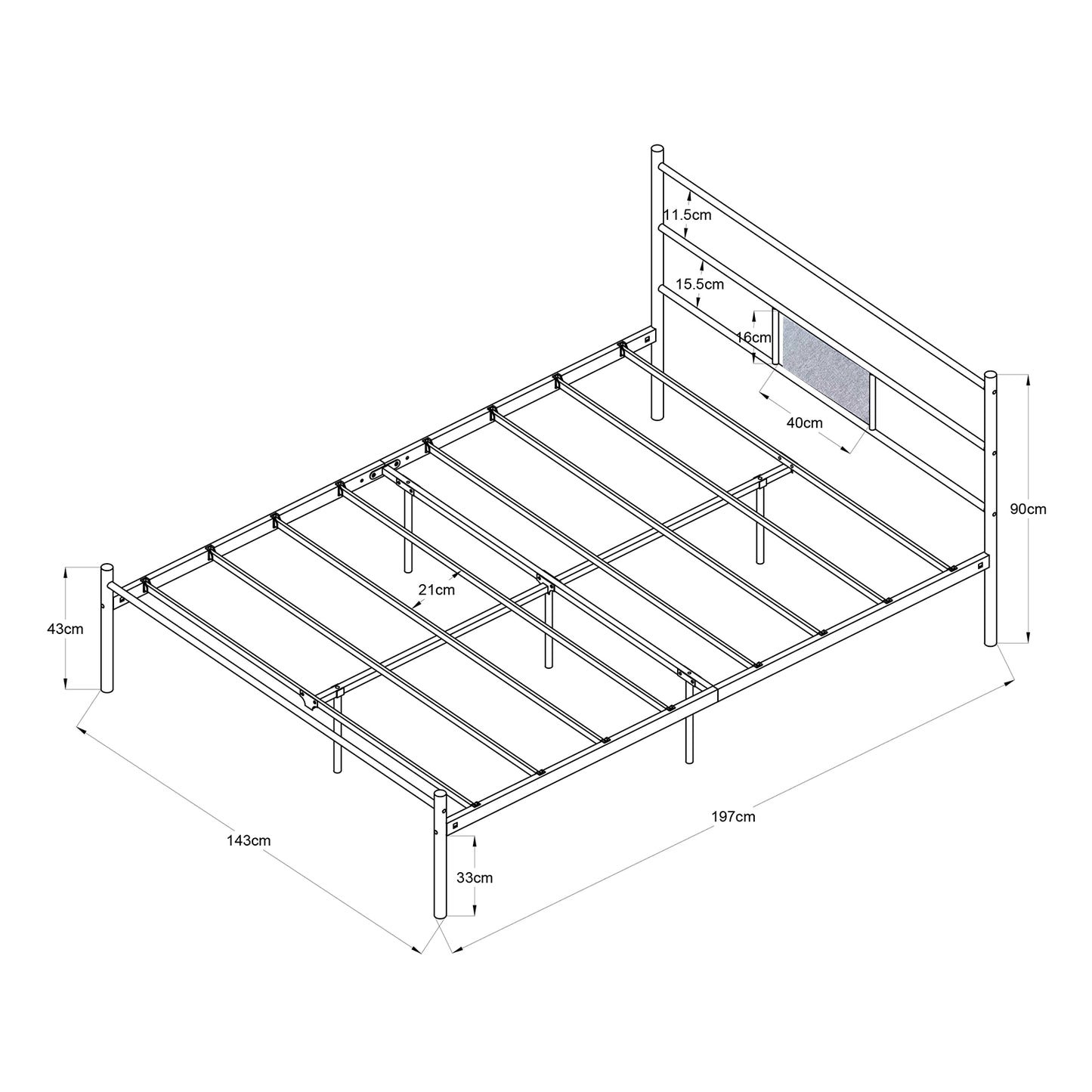 Cadre de Lit Double en Métal avec Sommier à Lattes - 140x190 cm - Noir