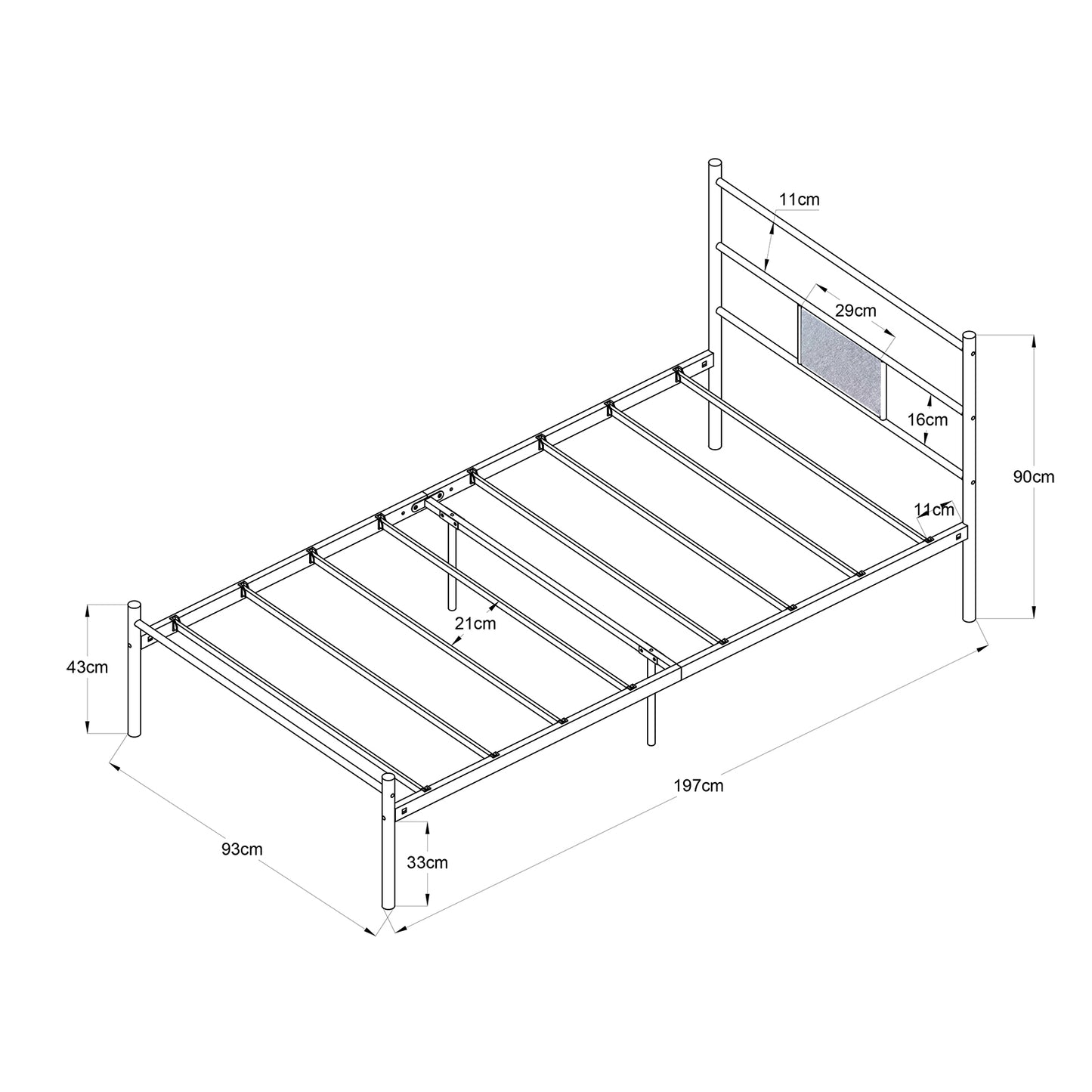 Cadre de Lit en Métal Simple avec Sommier à Lattes - 90x190 cm - Noir, Design Moderne et Robuste