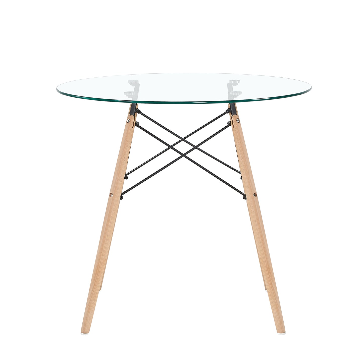 Ensemble de Table et Chaises Scandinave - Table Ronde en Verre avec Pieds en Bois et 4 Chaises Noires au Design Épuré, Dimensions 54x54x82cm