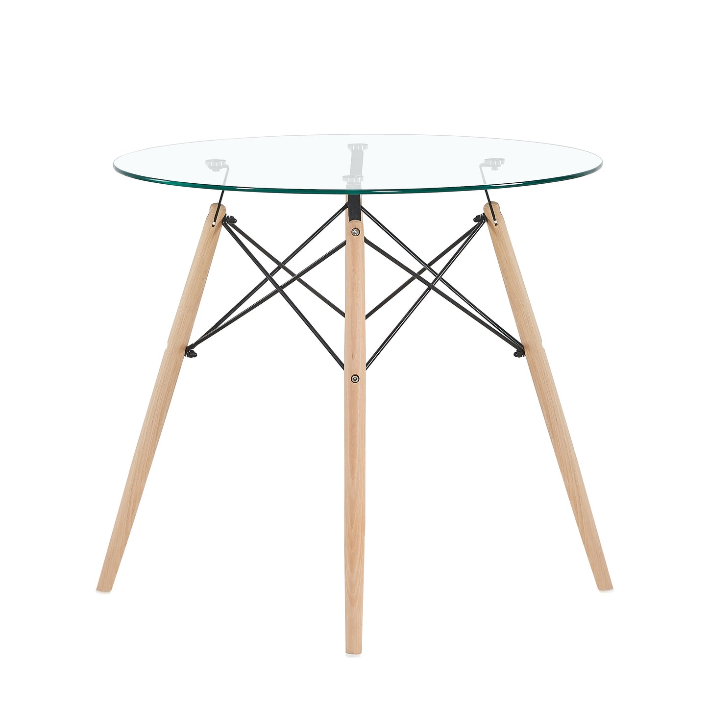 Ensemble de Table et Chaises Scandinave - Table Ronde en Verre avec Pieds en Bois et 2 Chaises Noires au Design Épuré, Dimensions 54x54x82cm