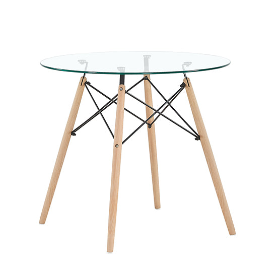 Ensemble de Table et Chaises Scandinave - Table Ronde en Verre avec Pieds en Bois et 4 Chaises Blanches au Design Épuré, Dimensions 54x54x82cm