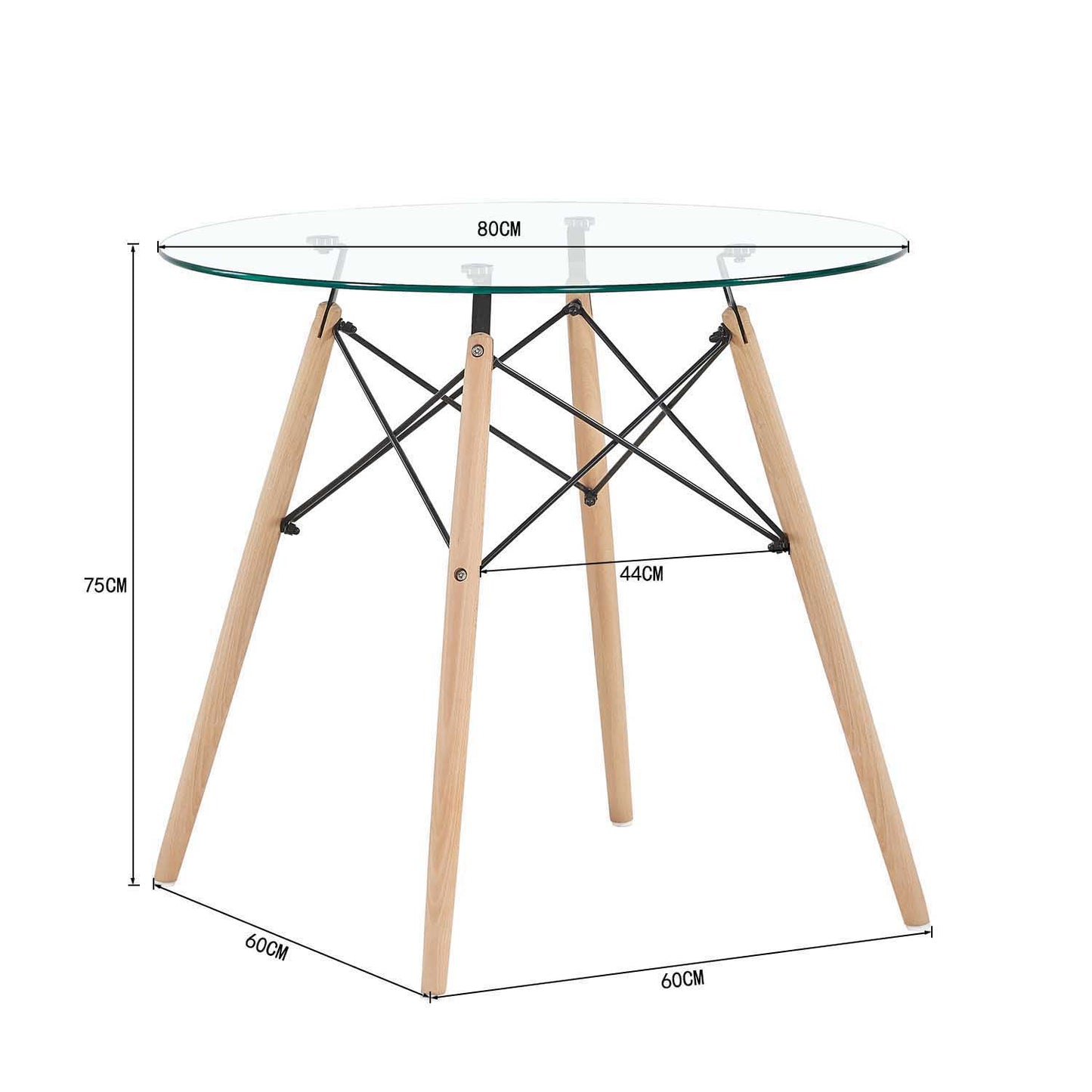 Ensemble de Table et Chaises Scandinave - Table Ronde en Verre avec Pieds en Bois et 4 Chaises Blanches au Design Épuré, Dimensions 54x54x82cm