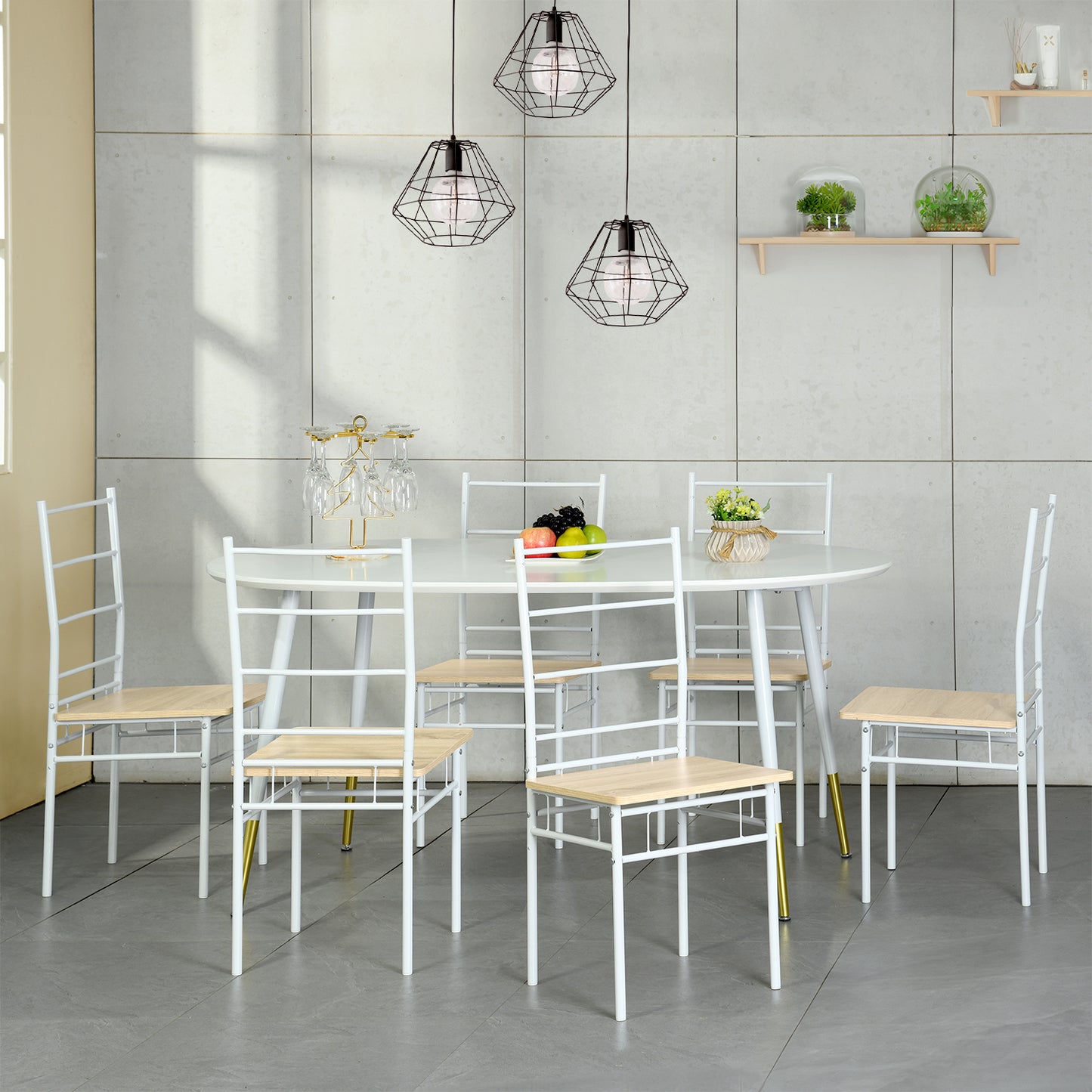 Ensemble de 6 chaises de salle à manger à dossier haut en hêtre clair et pieds en fer blanc de style industriel