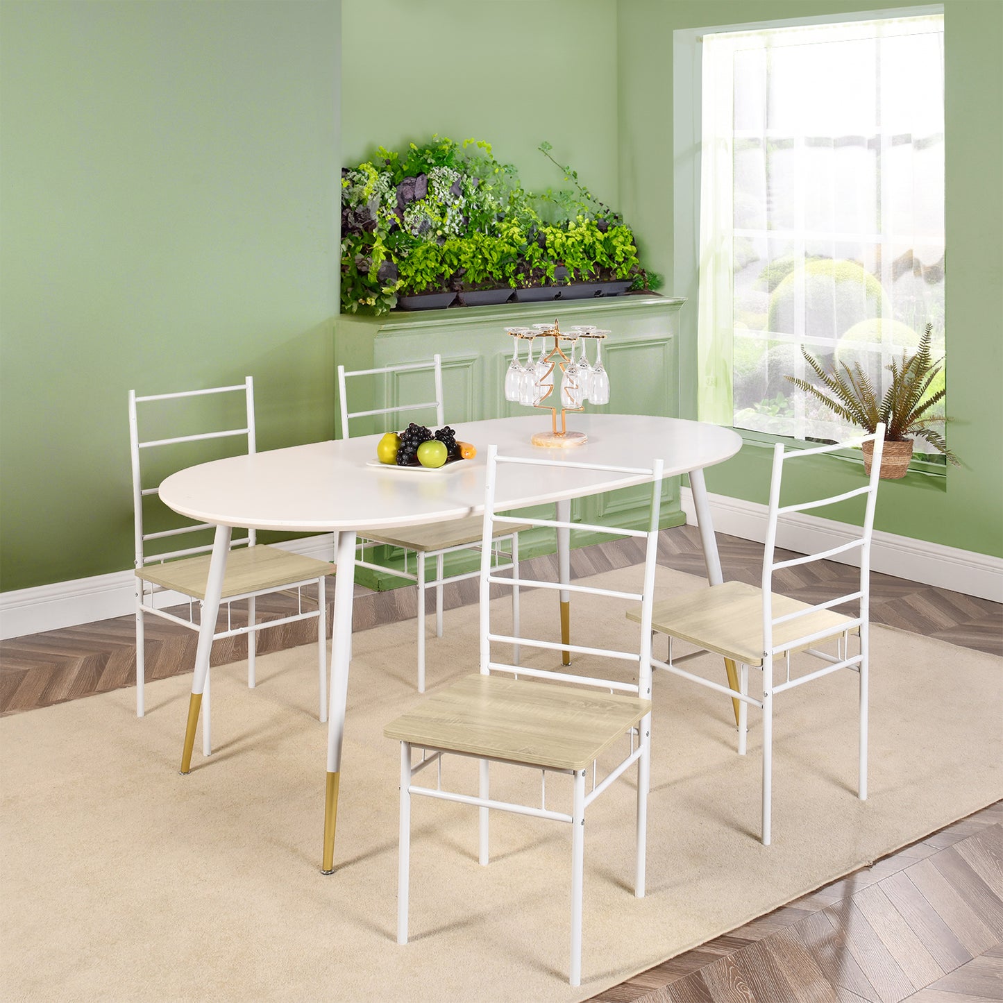 Ensemble de 8 chaises de salle à manger à dossier haut en hêtre clair et pieds en fer blanc de style industriel