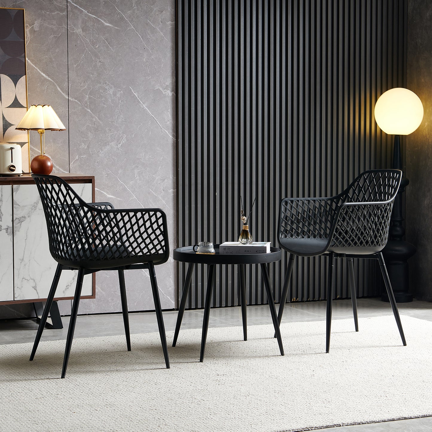 Ensemble table et 2 chaises, fauteuils lounge avec accoudoirs et pieds en métal, table basse, chaises de cuisine pour bureau, cuisine, salon, noir