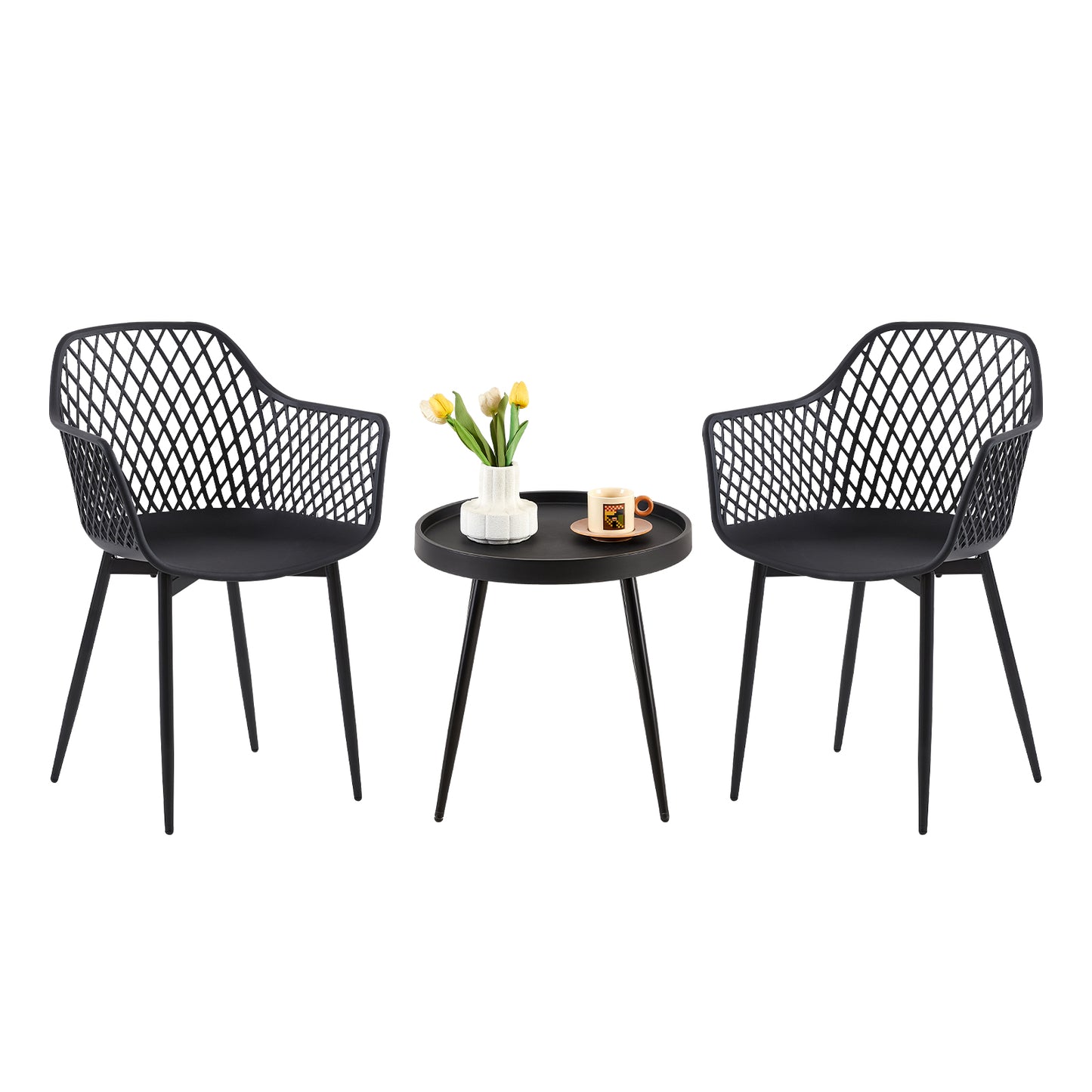 Ensemble table et 2 chaises, fauteuils lounge avec accoudoirs et pieds en métal, table basse, chaises de cuisine pour bureau, cuisine, salon, noir
