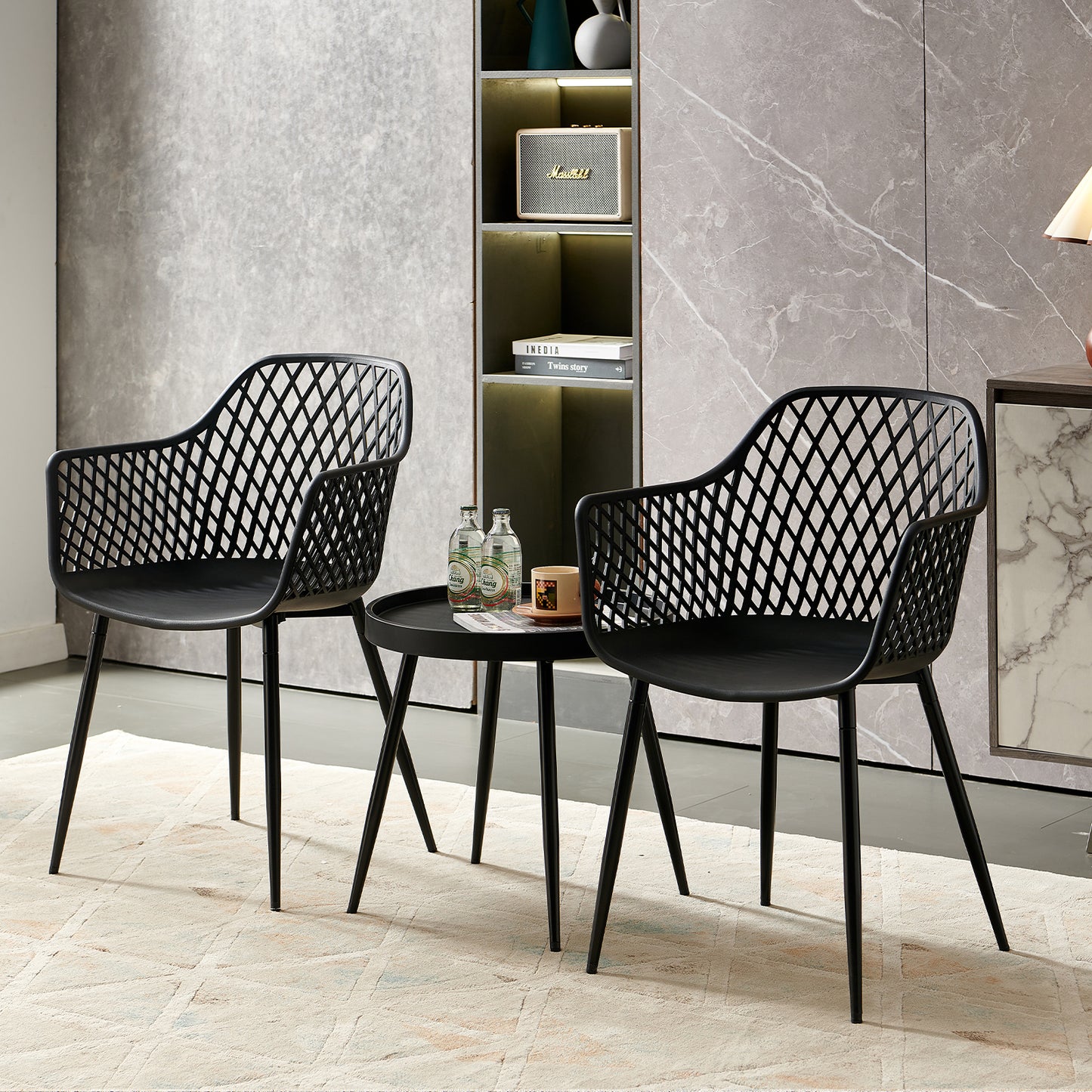 Ensemble table et 2 chaises, fauteuils lounge avec accoudoirs et pieds en métal, table basse, chaises de cuisine pour bureau, cuisine, salon, noir