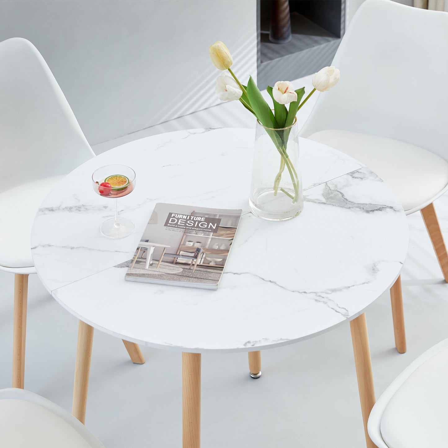 Table à Manger Ronde en Bois de Style Scandinave Nordique - 80 x 80 x 74 cm - Effet Marbré