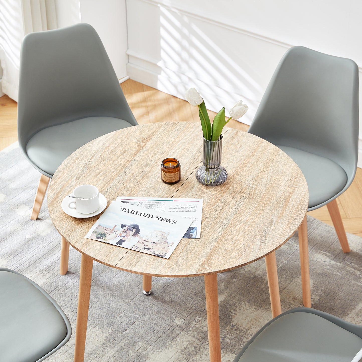 Table à Manger Ronde en Bois de Style Scandinave Nordique - 80 x 80 x 74 cm - Couleur Chêne