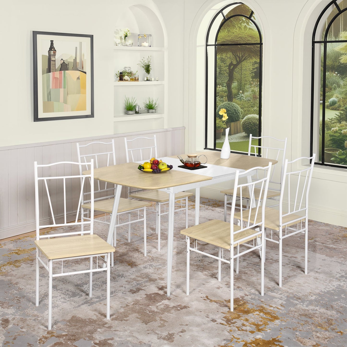 Ensemble de 6 chaises de salle à manger à dossier haut en hêtre et pieds en fer blanc de style industriel