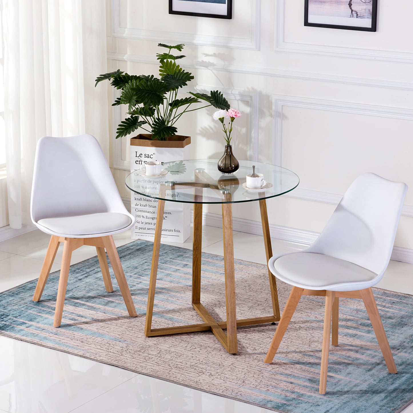 Ensemble de Table et Chaises Scandinave - Table Ronde Transparente Φ80*75cm avec 2 Chaises Blanches Élégantes 46x43x83cm