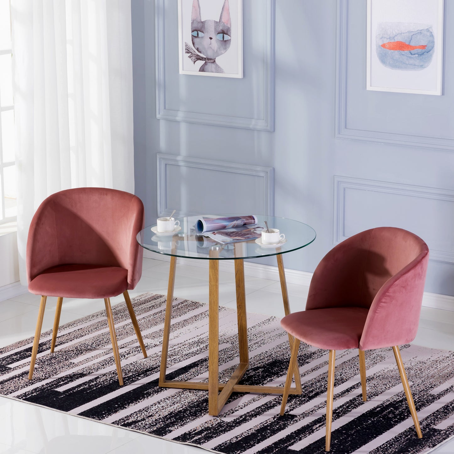 Ensemble de Table et Chaises de Style Scandinave - Table Ronde Transparente Φ80*75cm avec 2 Fauteuils Élégants en Velours Rose 47x52x82cm