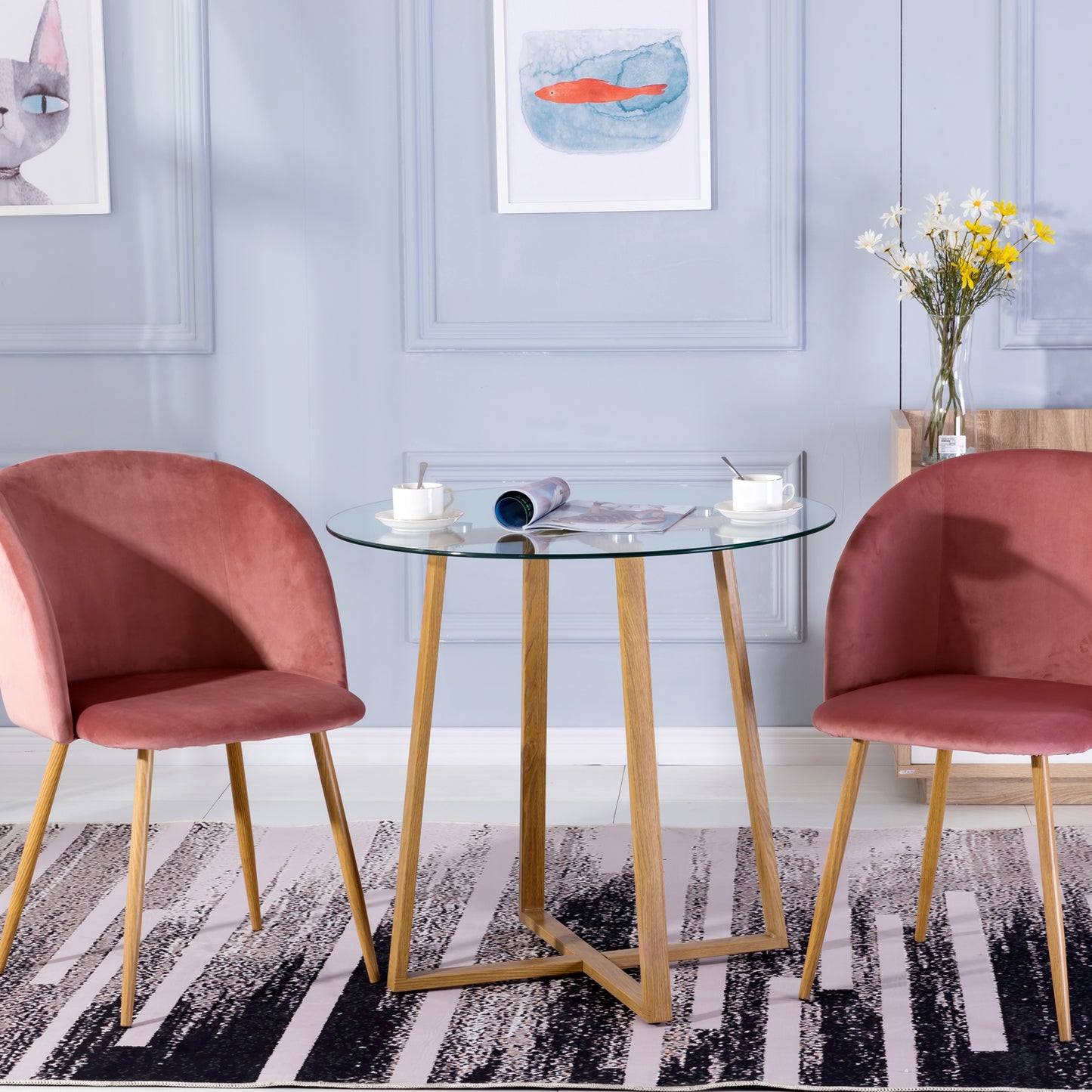 Ensemble de Table et Chaises de Style Scandinave - Table Ronde Transparente Φ80*75cm avec 2 Fauteuils Élégants en Velours Rose 47x52x82cm