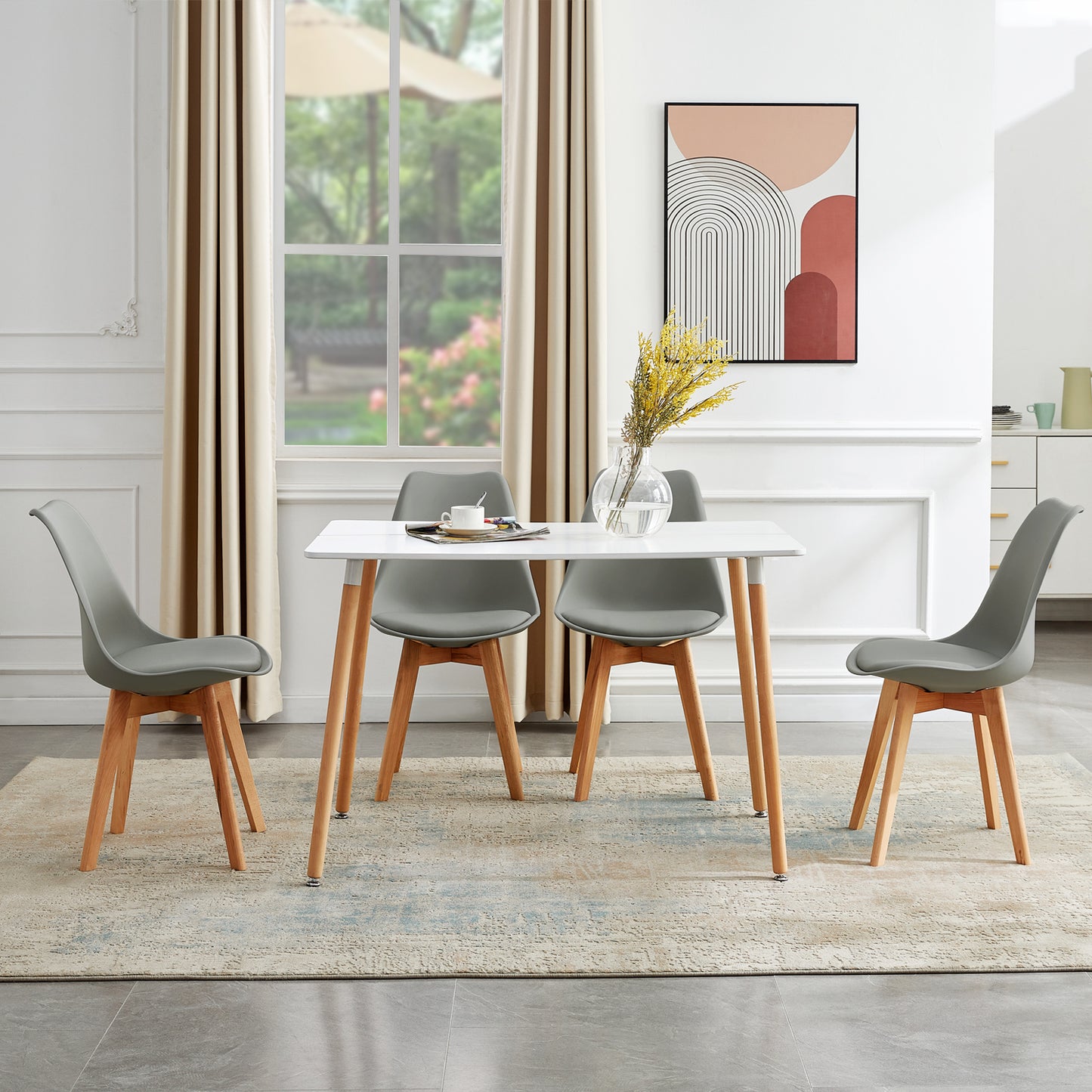Ensemble de Table et Chaises au Design Scandinave - Table Blanche et 4 Chaises Grises Élégantes