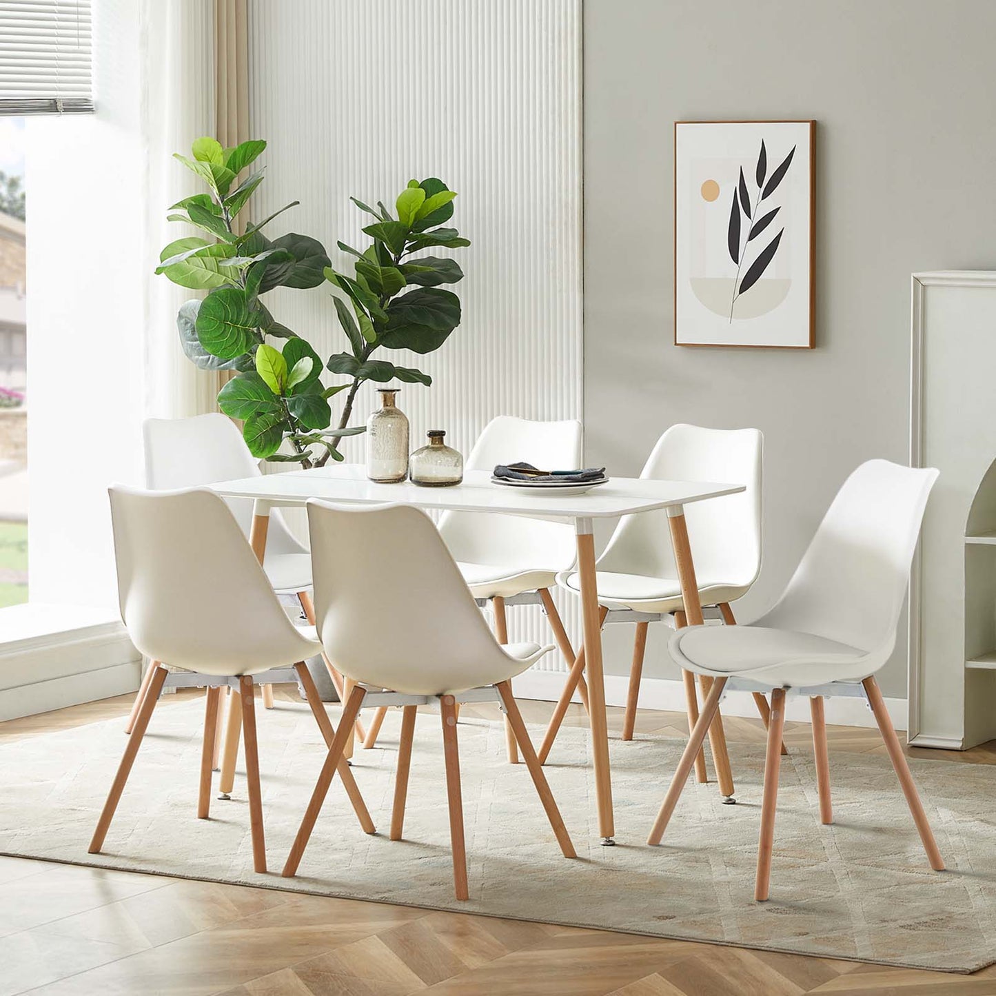 Lot de 6 Chaises design contemporain nordique scandinave - pieds en bois de hêtre massif - Blanc