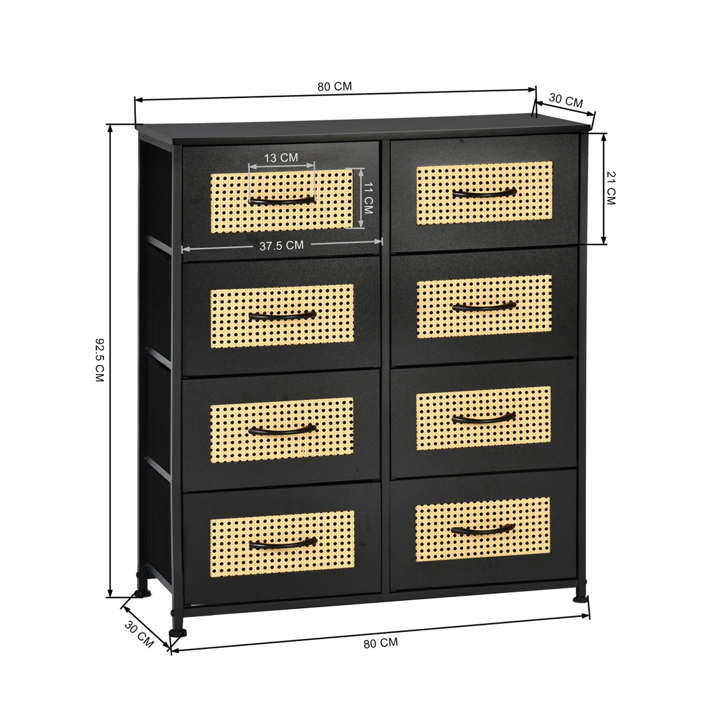 Buffet industriel 8 tiroirs, buffet 8 tiroirs en tissu non tissé, meuble de rangement pour salon, cuisine, salle à manger, 80x 30 x 92.5 cm--Noir