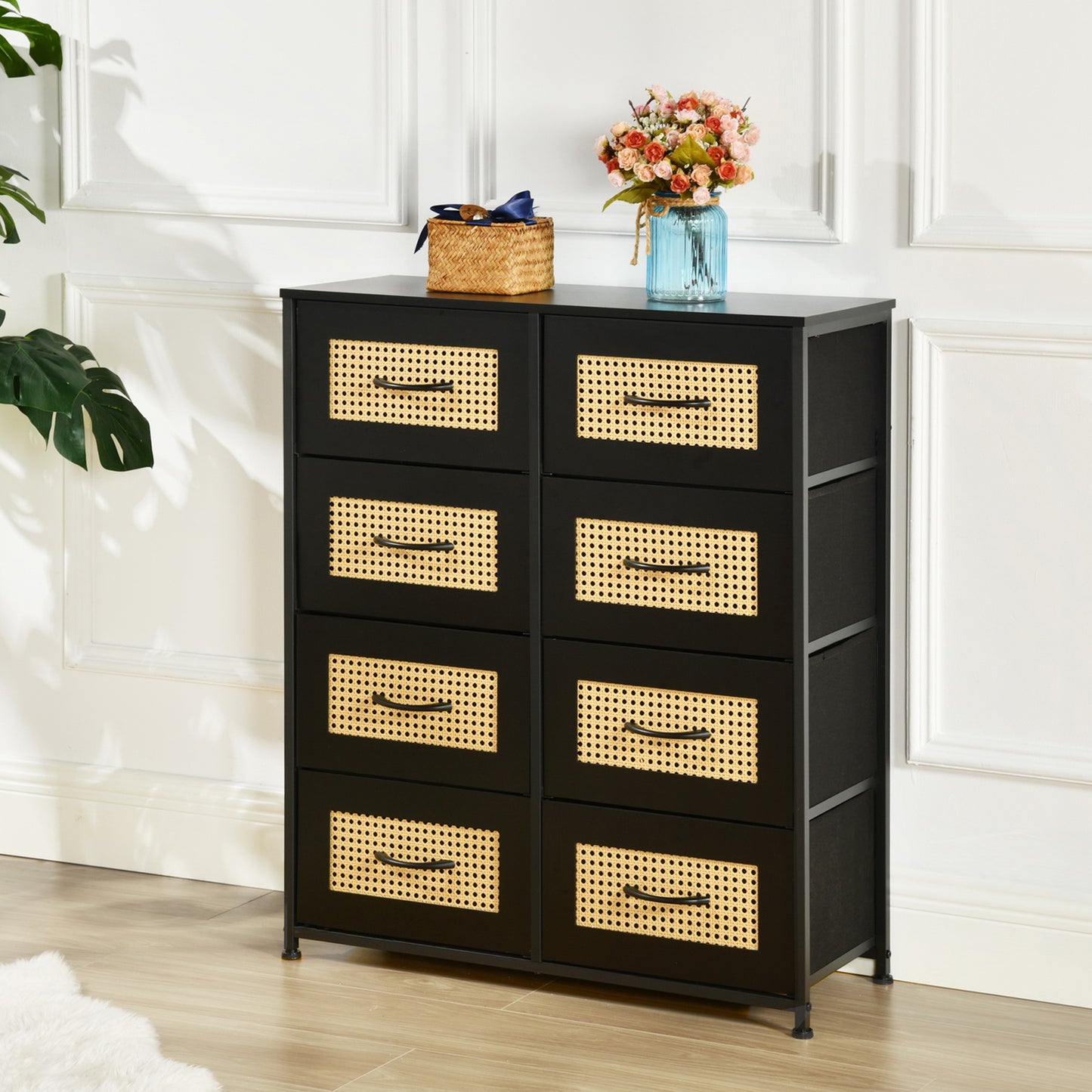 Buffet industriel 8 tiroirs en tissu non tissé, meuble de rangement pour salon, cuisine, salle à manger, 80 x 30 x 92,5 cm, noir