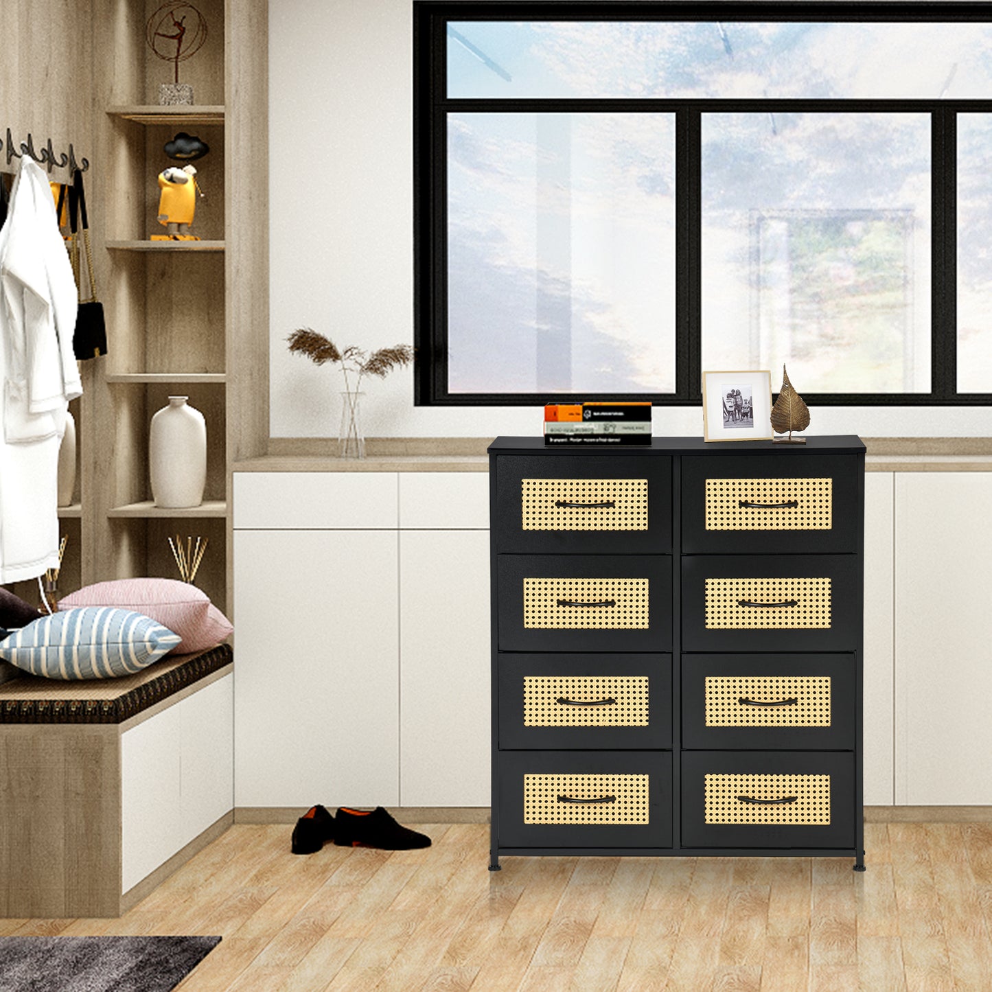 Buffet industriel 8 tiroirs, buffet 8 tiroirs en tissu non tissé, meuble de rangement pour salon, cuisine, salle à manger, 80x 30 x 92.5 cm--Noir