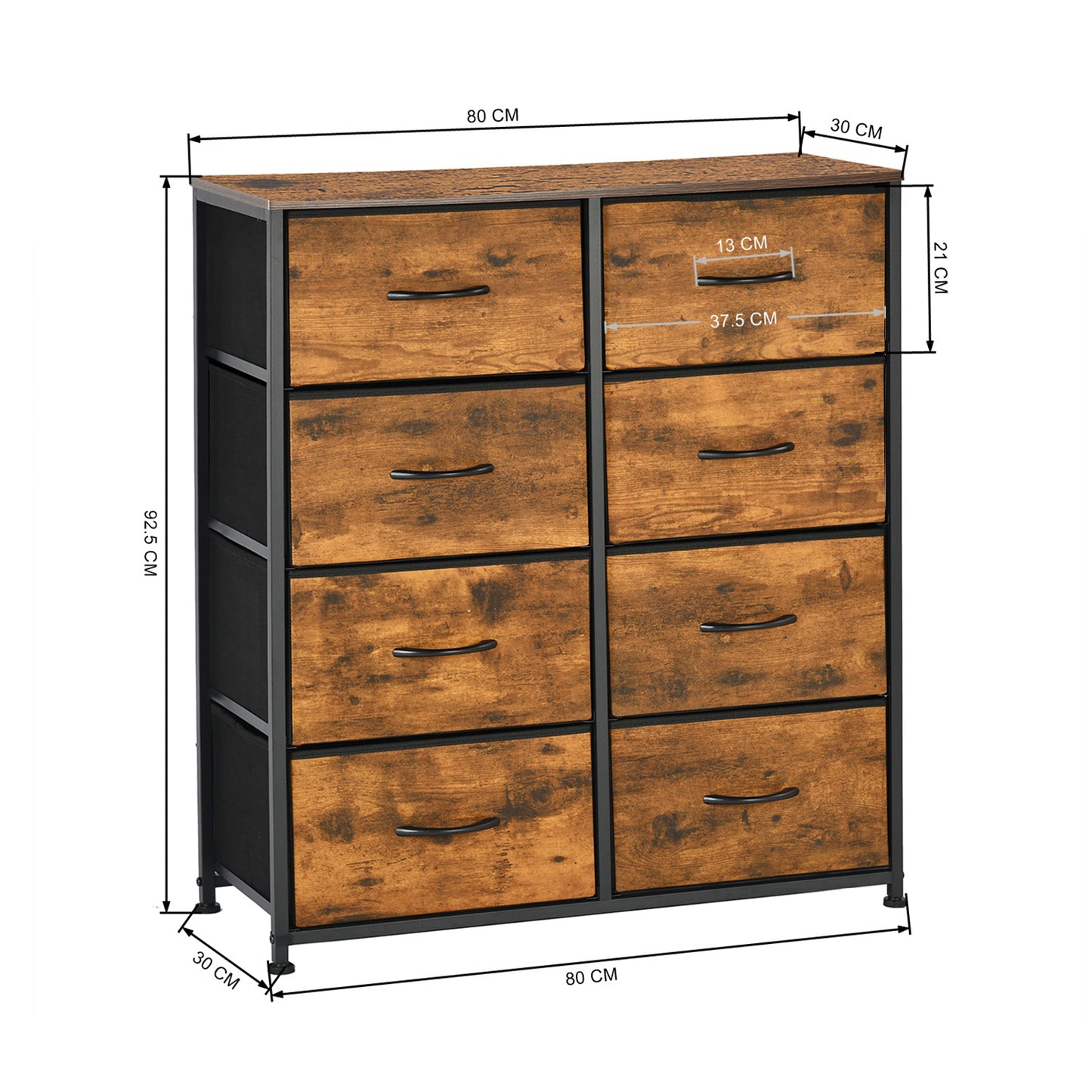 Buffet industriel 8 tiroirs en tissu non tissé, meuble de rangement pour salon, cuisine, salle à manger, 80 x 30 x 92,5 cm, marron