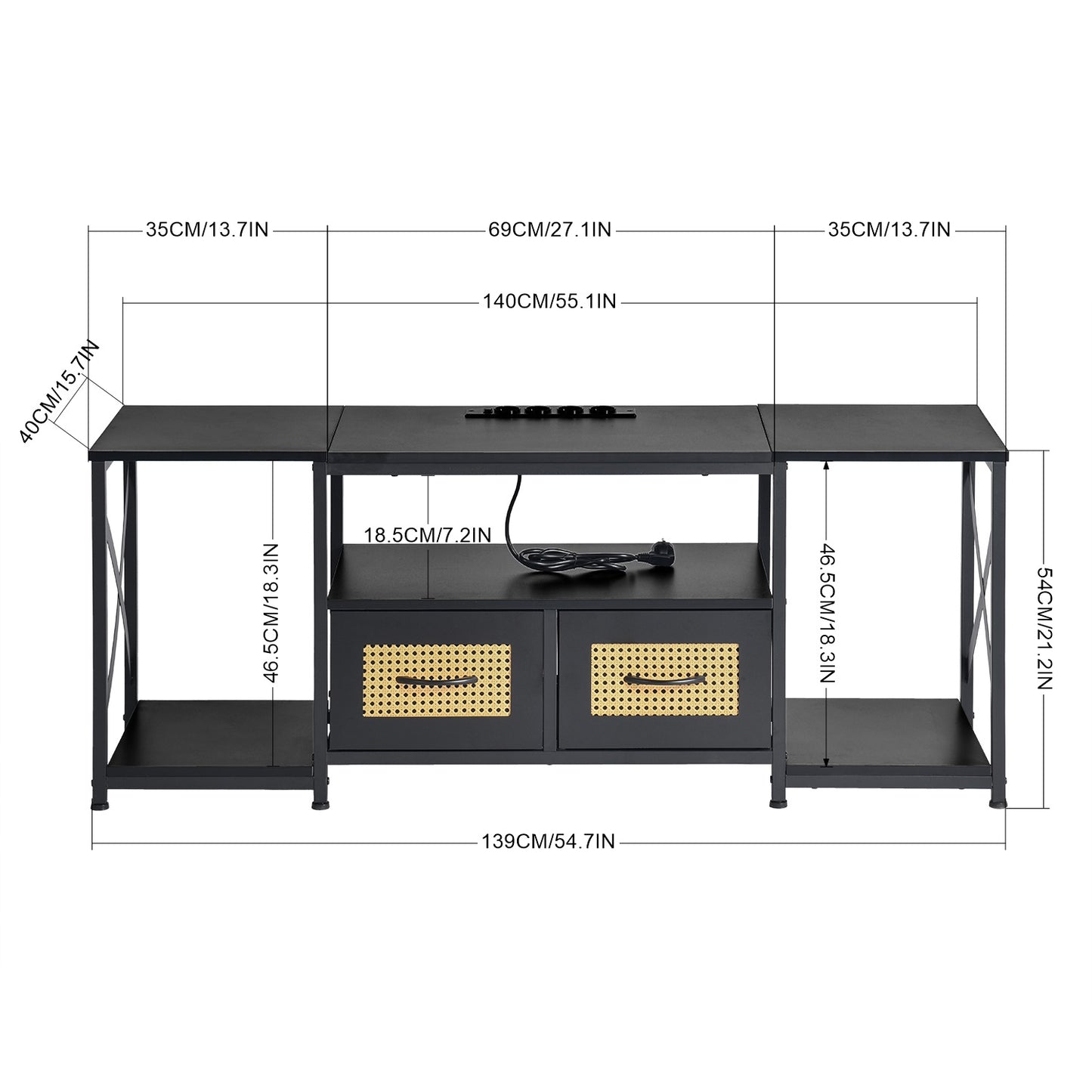 Meuble TV bas de style industriel 2 tiroirs, support télévision, avec étagères et armoires de rangement pour salon, 140*40*55cm--Noir