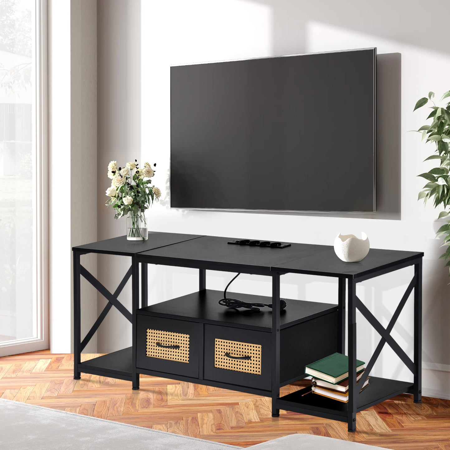 Meuble TV bas de style industriel 2 tiroirs, support télévision, avec étagères et armoires de rangement pour salon,140*40*55cm--Noir