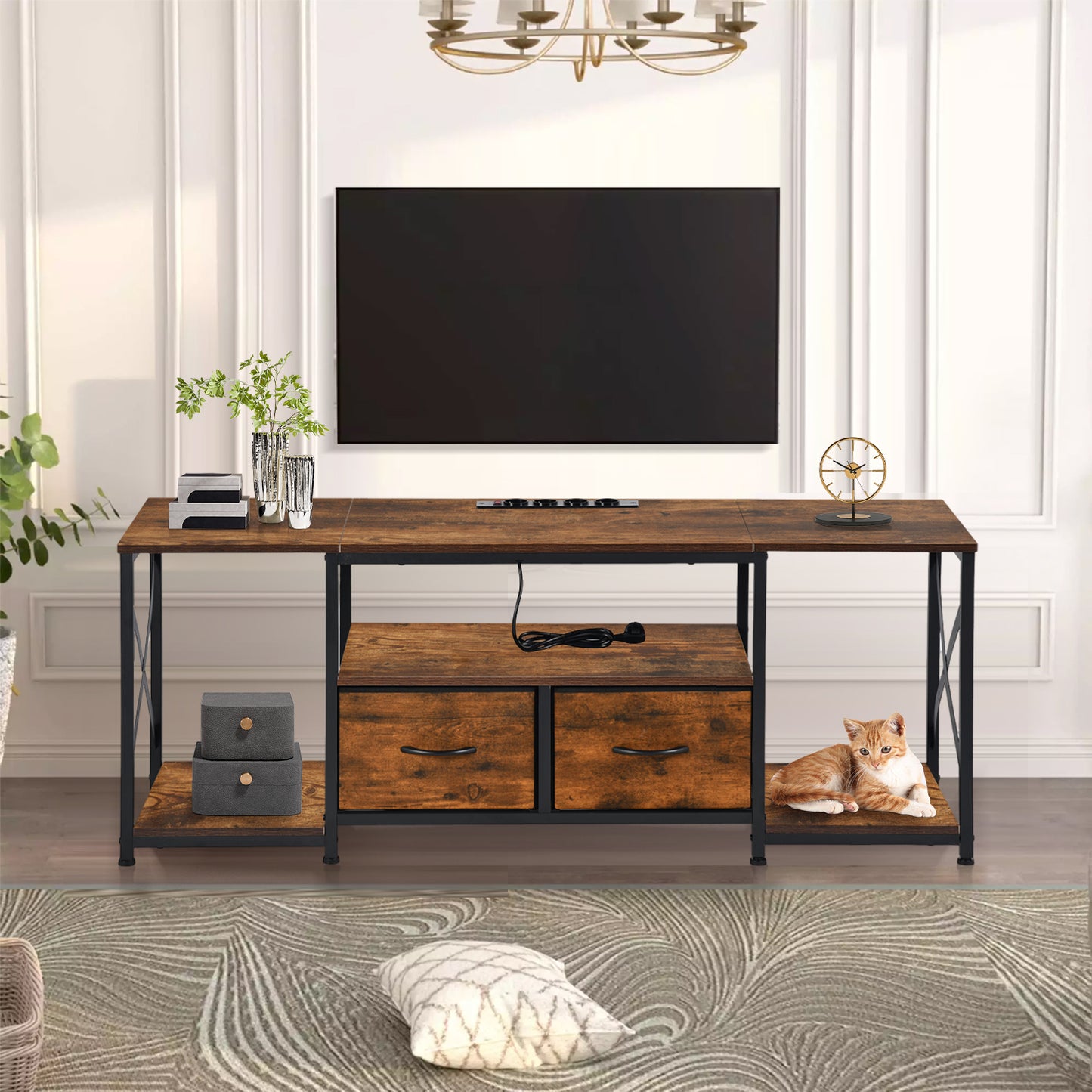 Meuble TV bas de style industriel 2 tiroirs,support télévision,avec étagères et armoires de rangement pour salon,140*40*55cm--Marron