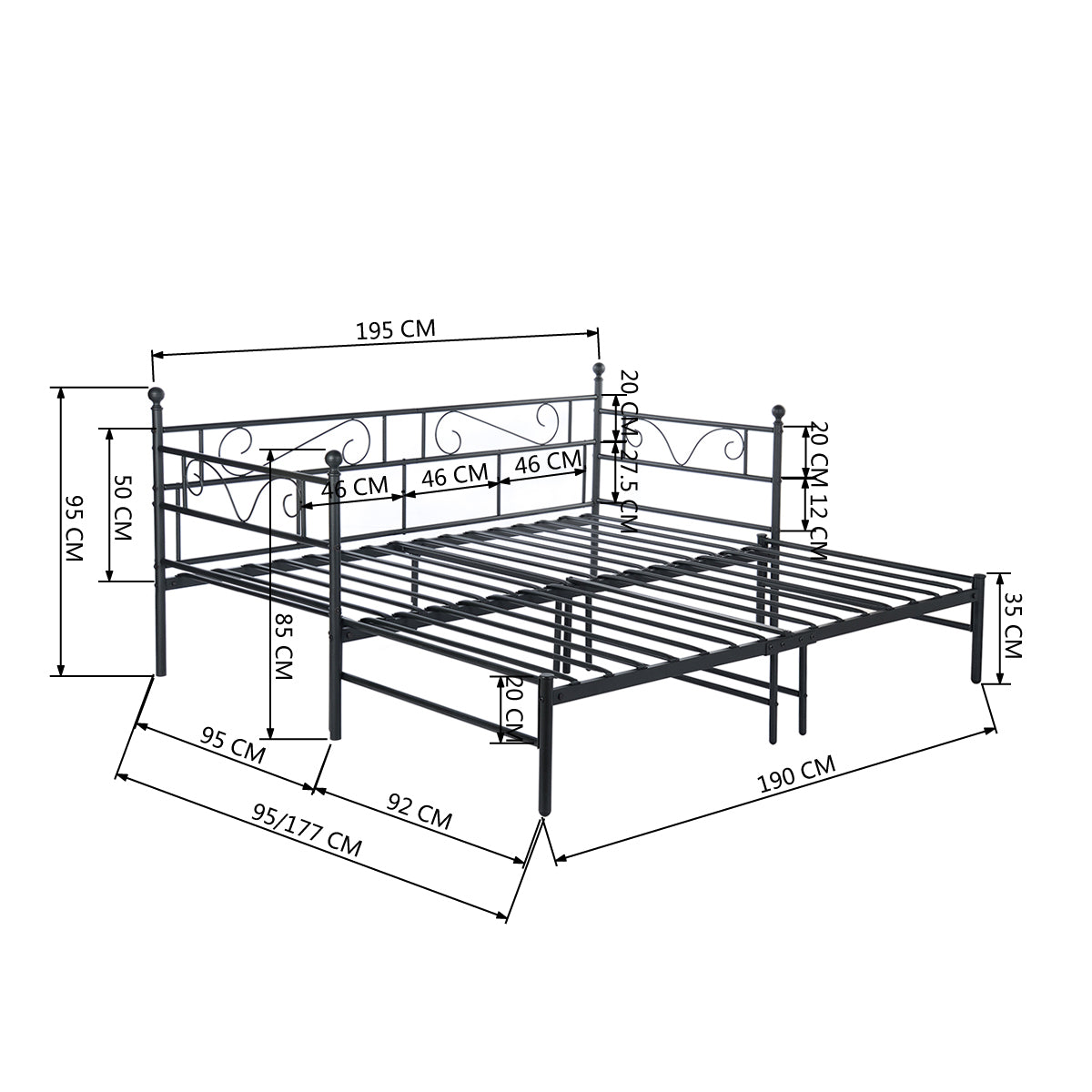 Lit Adulte Contemporain en Métal - Canapé-Lit + Lit Simple en Métal pour Adulte ou Enfant - Noir