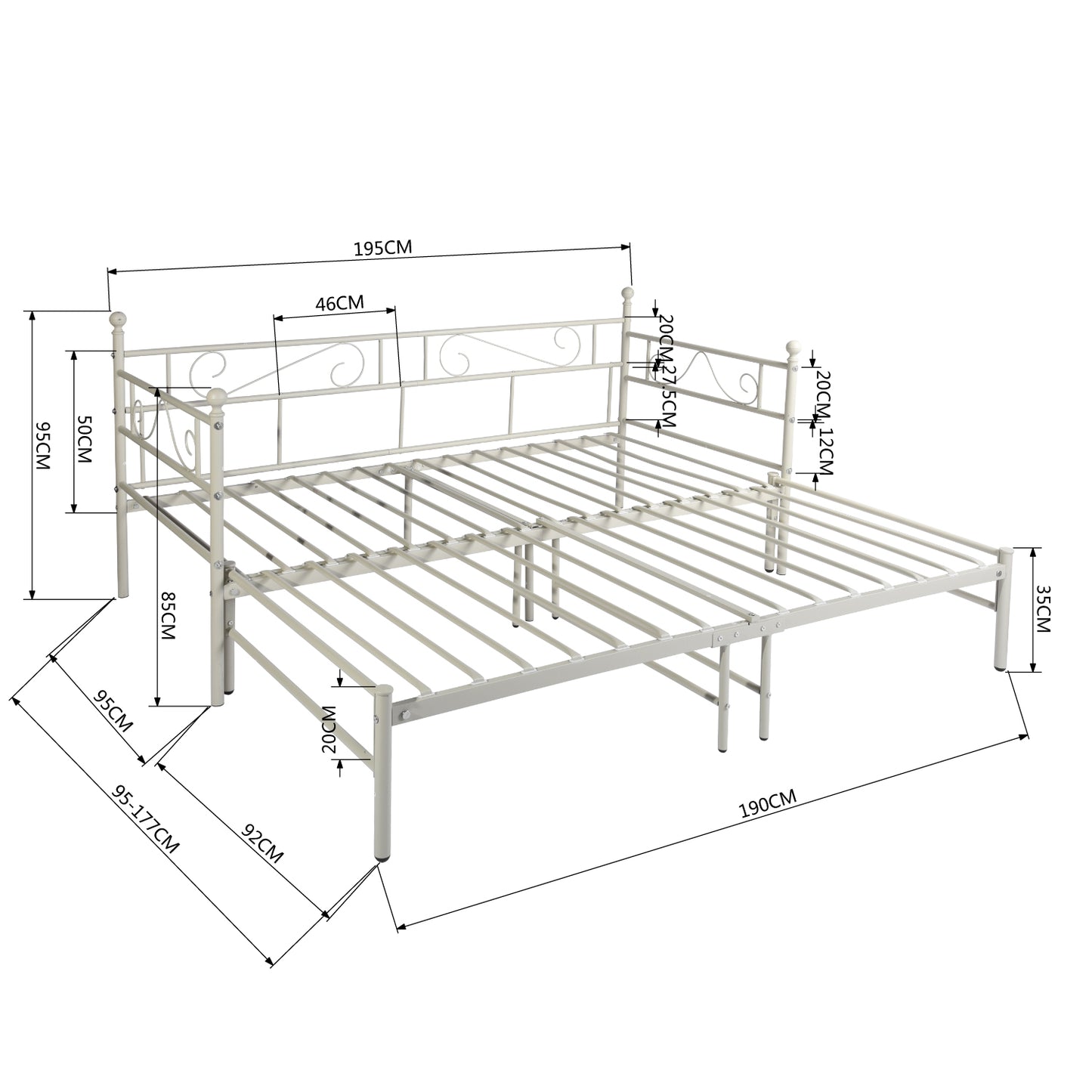 Lit Adulte Contemporain en Métal - Canapé-Lit + Lit Simple en Métal pour Adulte ou Enfant - Blanc