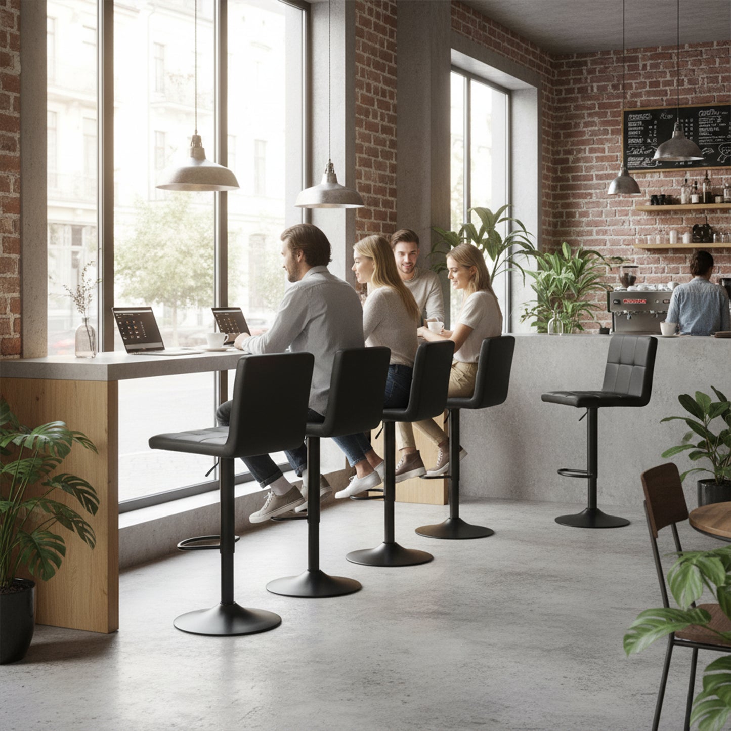 Tabouret de Bar Lot de 4 - Chaise Haute Réglable en Hauteur avec Dossier, Repose-Pieds et Rotation 360°, Cuir Synthétique Durable, Design Moderne pour Cuisine, Ilot Central, Café et Salle à Manger, Noir