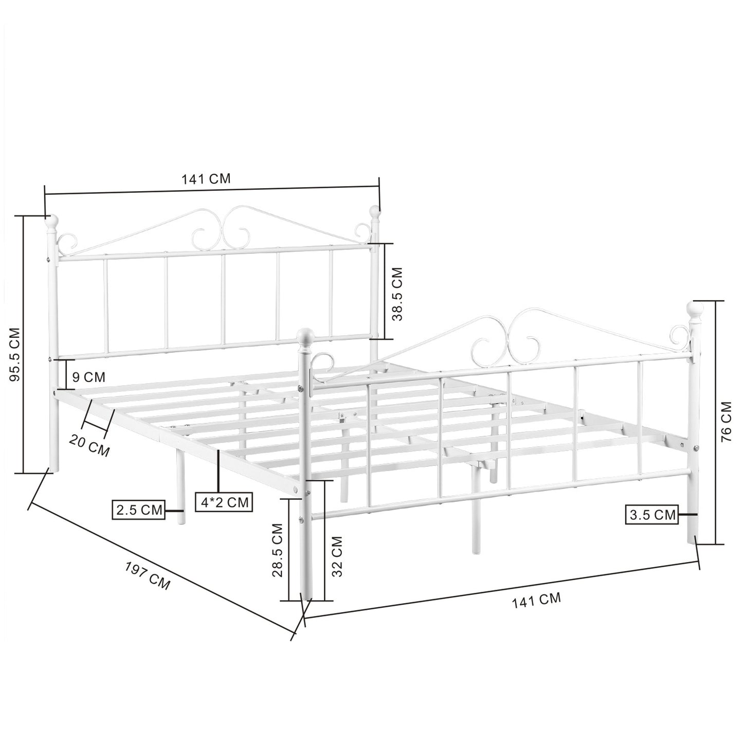 Cadre de Lit Double en Métal - 140x190 cm - Blanc