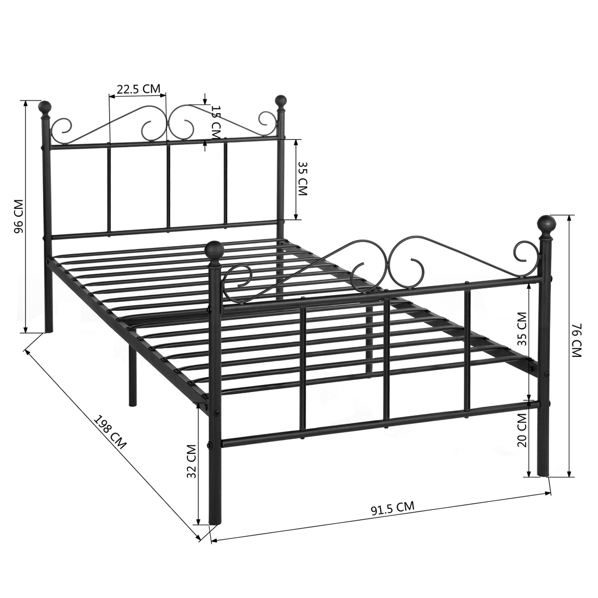 Lit simple en métal Cadre de lit 90x190cm-Noir